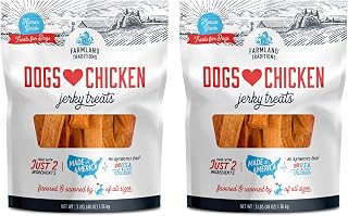 Farmland Traditions Dogs Love Chicken Jerky Dog Treats, Premium Two-Ingredient Dog Jerky with USA-Raised, Human-Grade Chicken & No Antibiotics Ever, 1 Pound (Pack of 2) Bag.