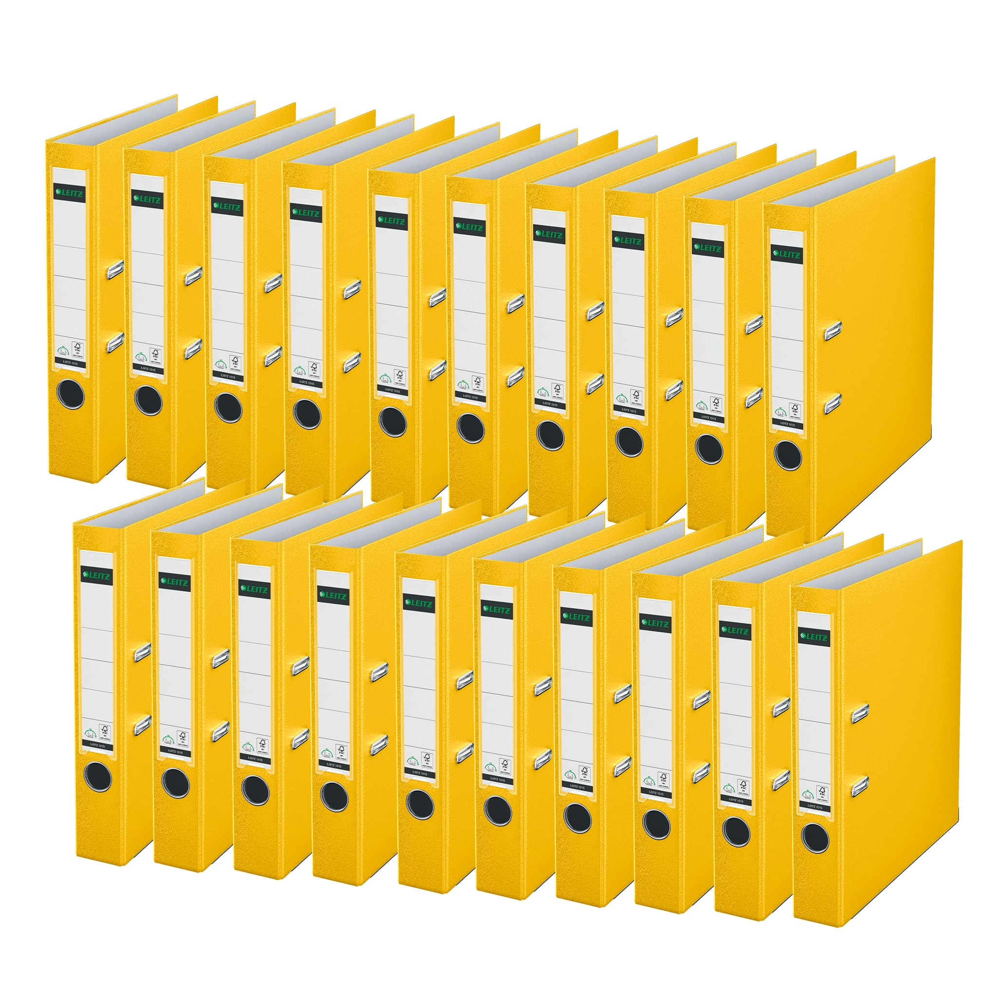 Leitz Qualitäts-Ordner 180° Plastik, 20er Pack, das Original, DIN A4 Aktenordner 5 cm schmal, 90% Recycling-Karton, 30% Pre-Consumer Recycling-Kunststoff, Mit 180° Mechanik, 350 Blatt, Gelb, 10155015