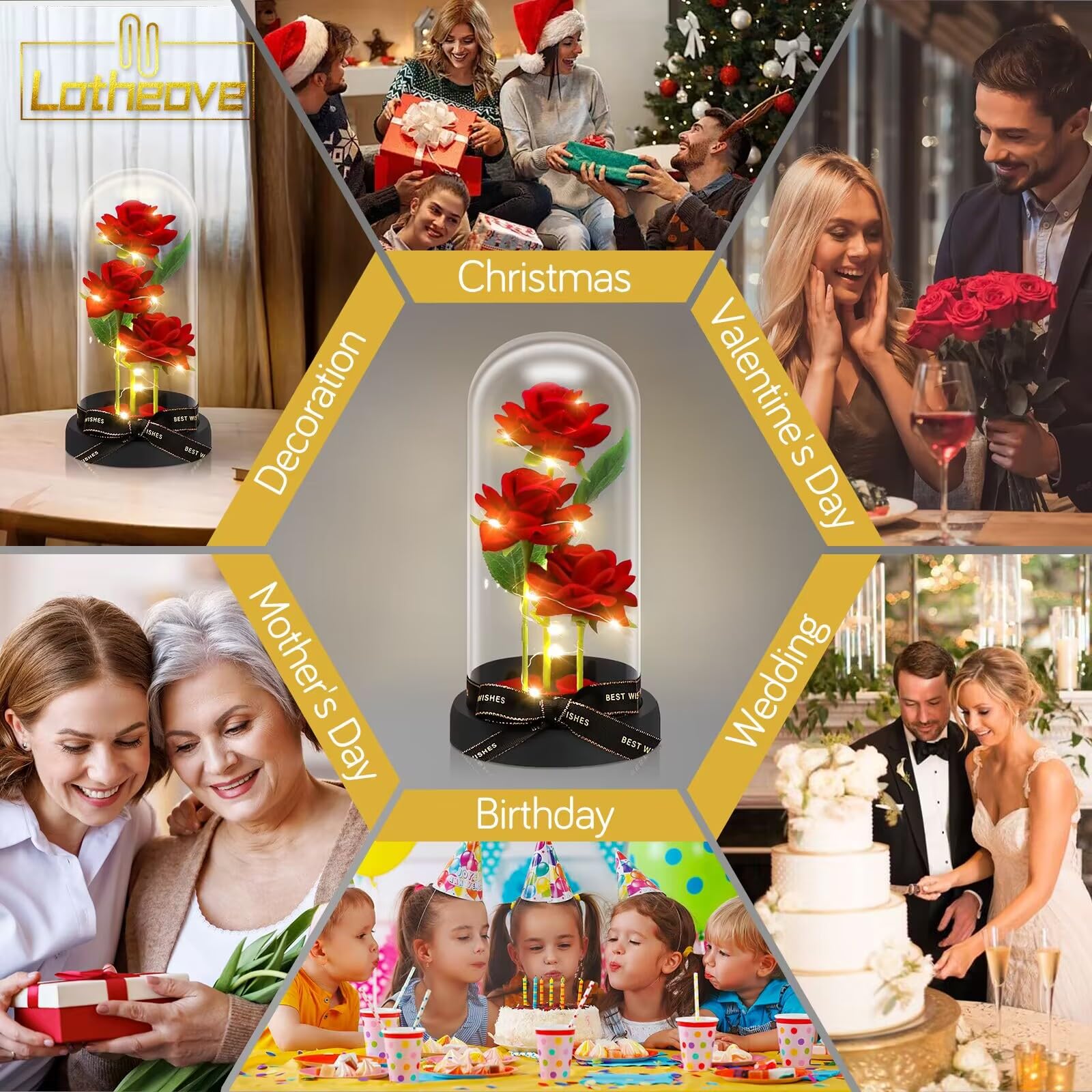 Rose avec lumières LED, anniversaires de mariage – Rose éternelle pour elle, cadeau pour maman, sœur, elle, grand-mère, épouse (base noire, rose rouge)