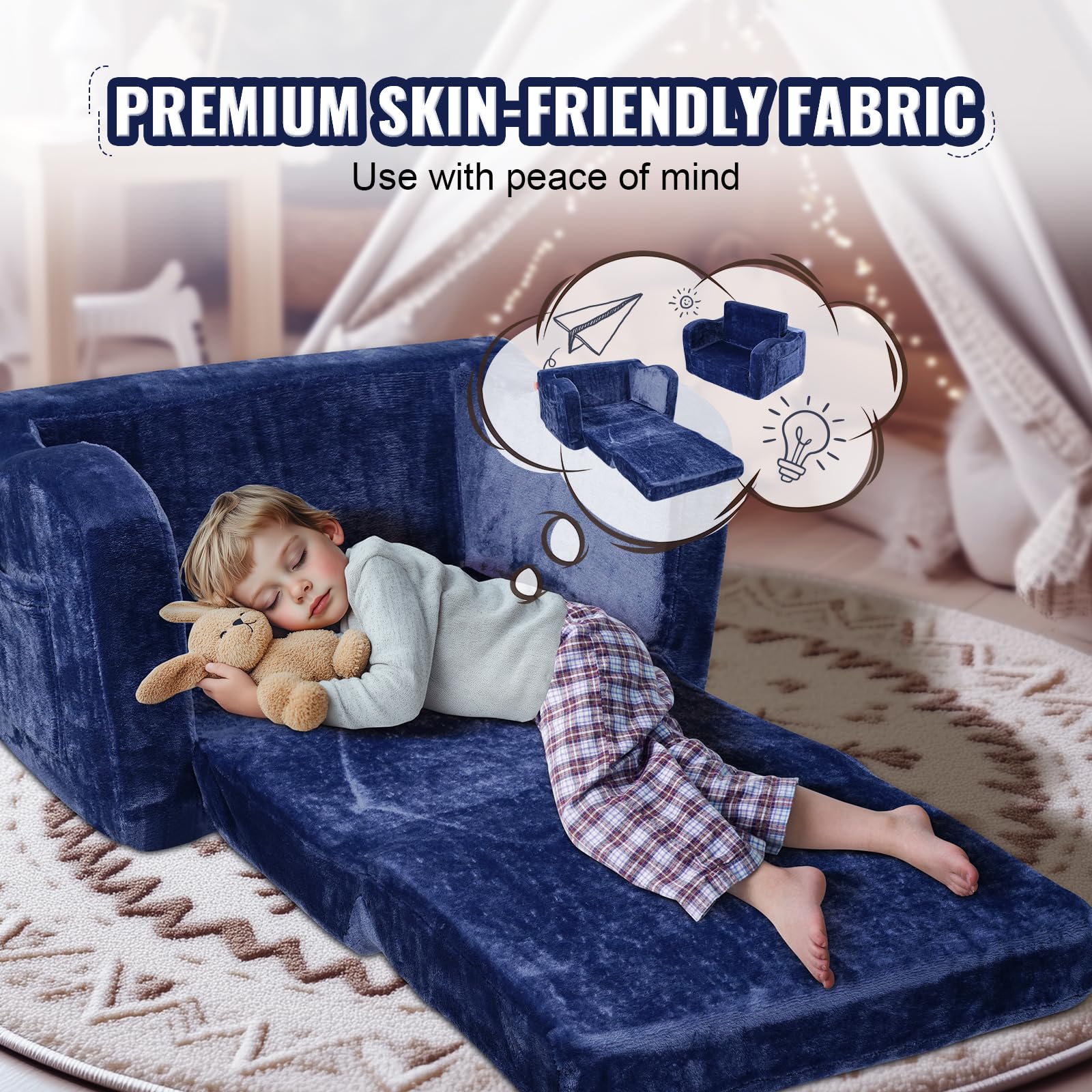 VEVOR Divano per bambini, 2 in 1, comodo divano letto pieghevole, convertibile da divano a lettino, sedia per bambini, mobili per la stanza dei giochi, per bambini e ragazze, blu