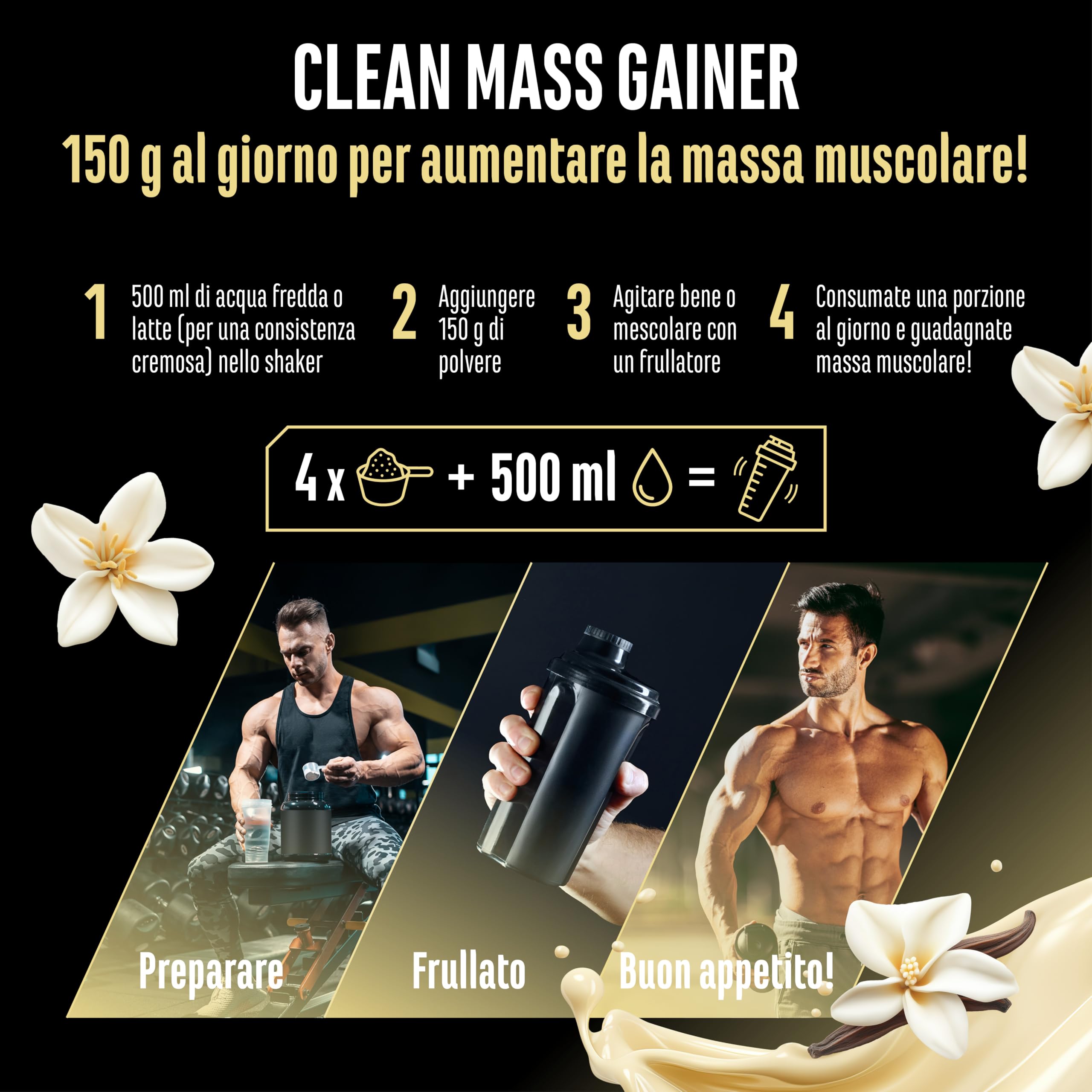 Clean Weight Gainer - 3 kg - Con Carboidrati Complessi e Proteine - Ideale per la Fase di Massa - Polvere per l’Aumento di Massa e di Peso - Vegetariano - Gusto Vanilla