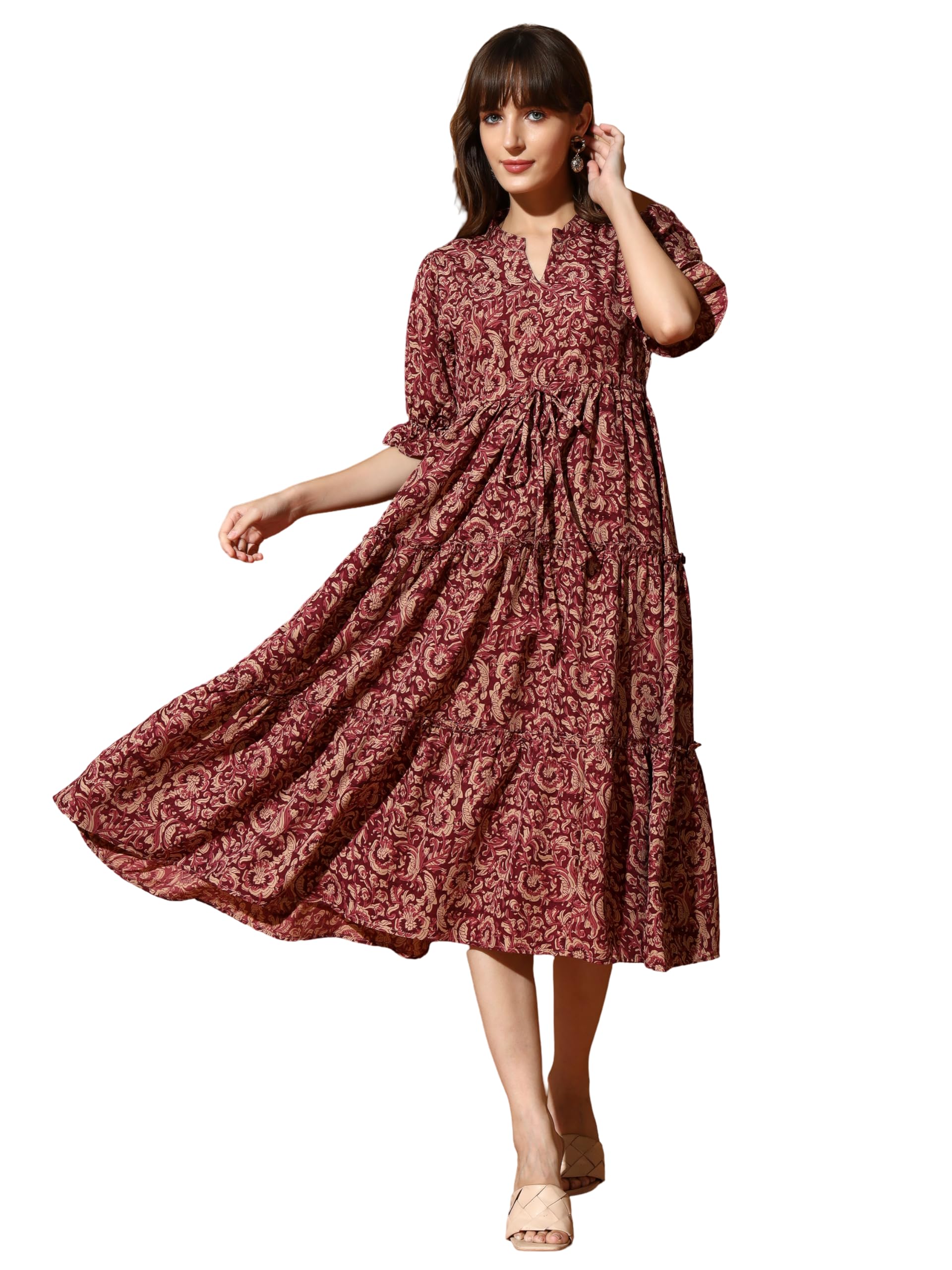 KZULLY Vestido para mujer | Vestido midi | estampado floral | tela de poliéster | Manga acampanada étnica | Ajuste escalonado y acampanado | Casual y festivo