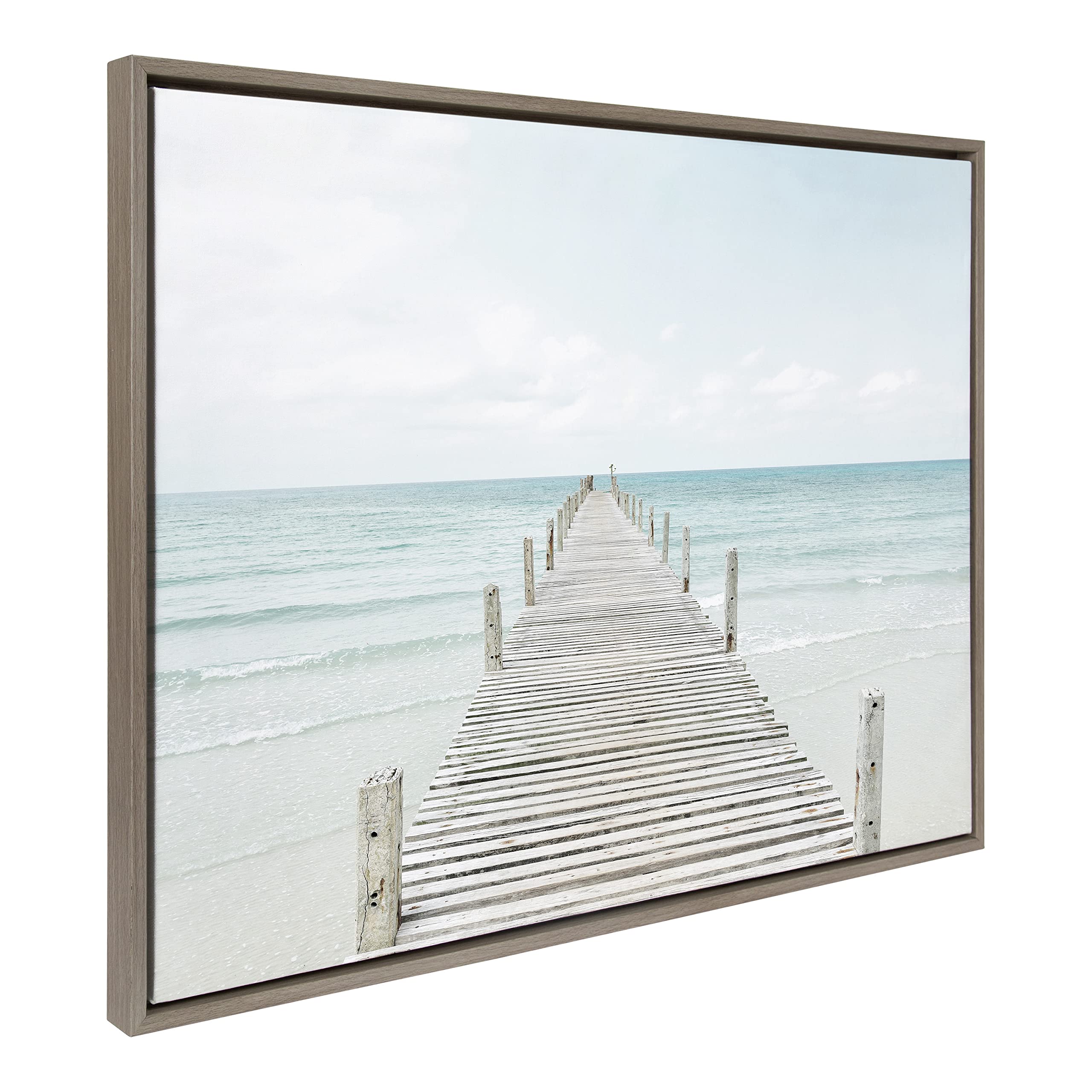 Kate and Laurel Sylvie Wooden Pier on Beach Framed Canvas by Amy Peterson Art Studio, 28x38, Gray