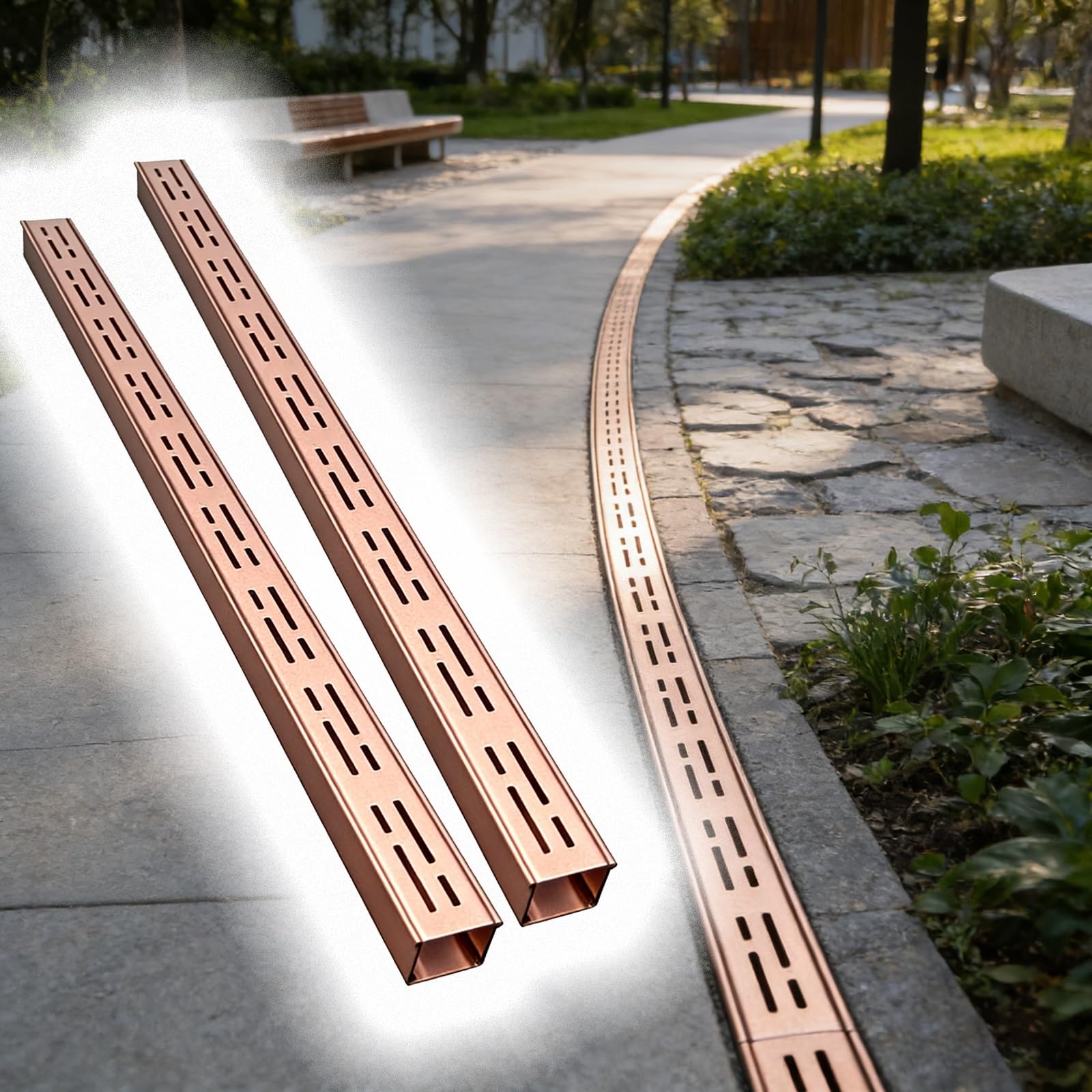 GLDYTVF 2-Pack Drainage Channels for Outdoor Use Rainwater Gutters with Steel Grate 39.4x3.9x1.2in Perfect for Patios Windows and Wells Gold Finish