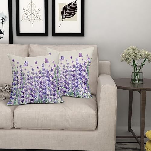 Miniatura 7 de Juego de 2 fundas de almohada de lavanda floral morado de 18 x 18 pulgadas, para primavera y verano, acuarela, mariposa, hojas verdes salvia, para