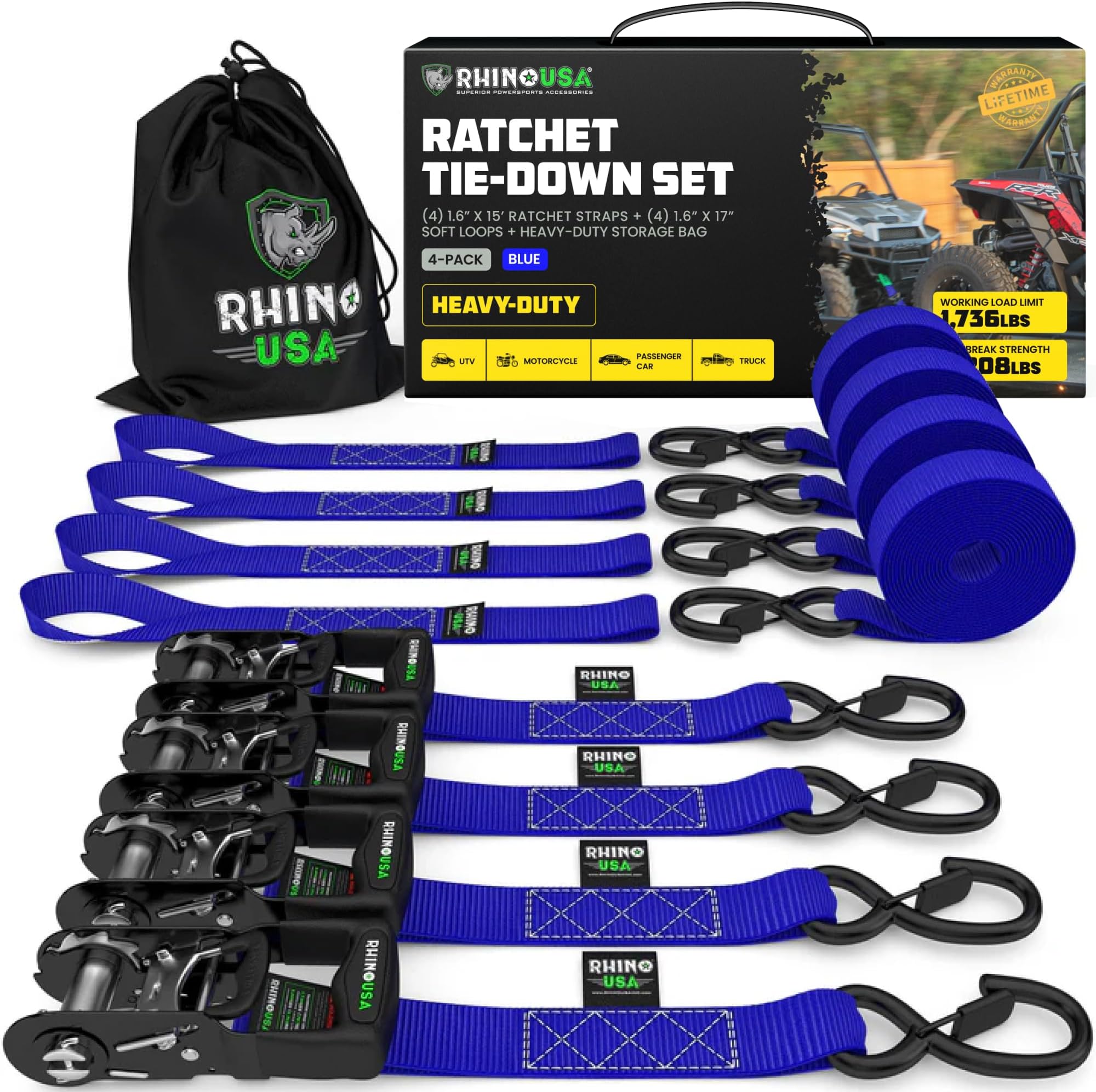 RHINO USA Ratchet Straps Tie Down Kit, 5,208 Break Strength includes