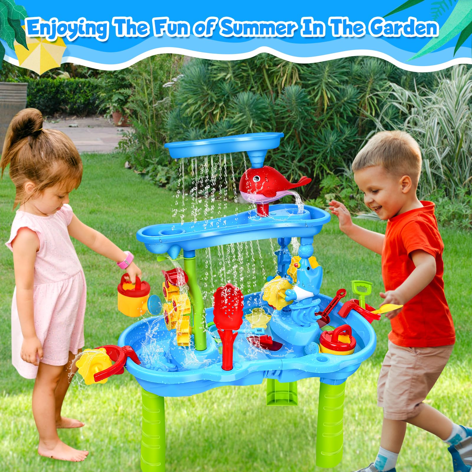 JONRRYIN Tavolo Acqua e Sabbia 3 Piani, Giocattolo Sabbia e Acqua per Bambini, Tavolo Sabbia e Acqua, Tavolo d'attività Estivo, Giocattolo da Spiaggia Esterno per Bambini, Ragazze e Ragazzi