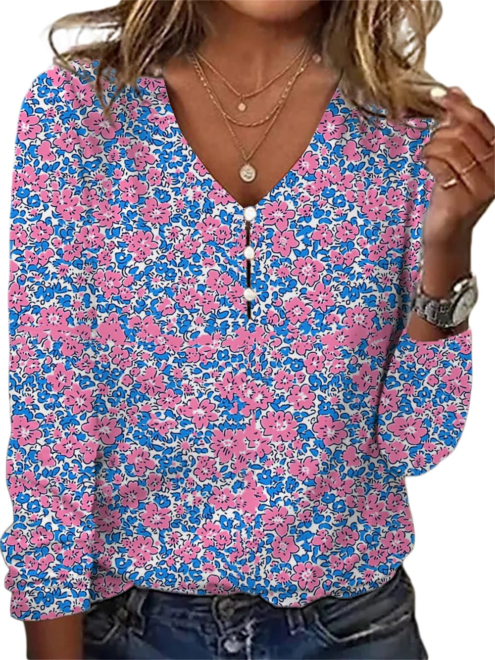 HOTYD Women's Boho Floral Print Blouses for Women Dressy Casual Button Cute Blouse V Neck Long Sleeve Shirts Tunic Tops