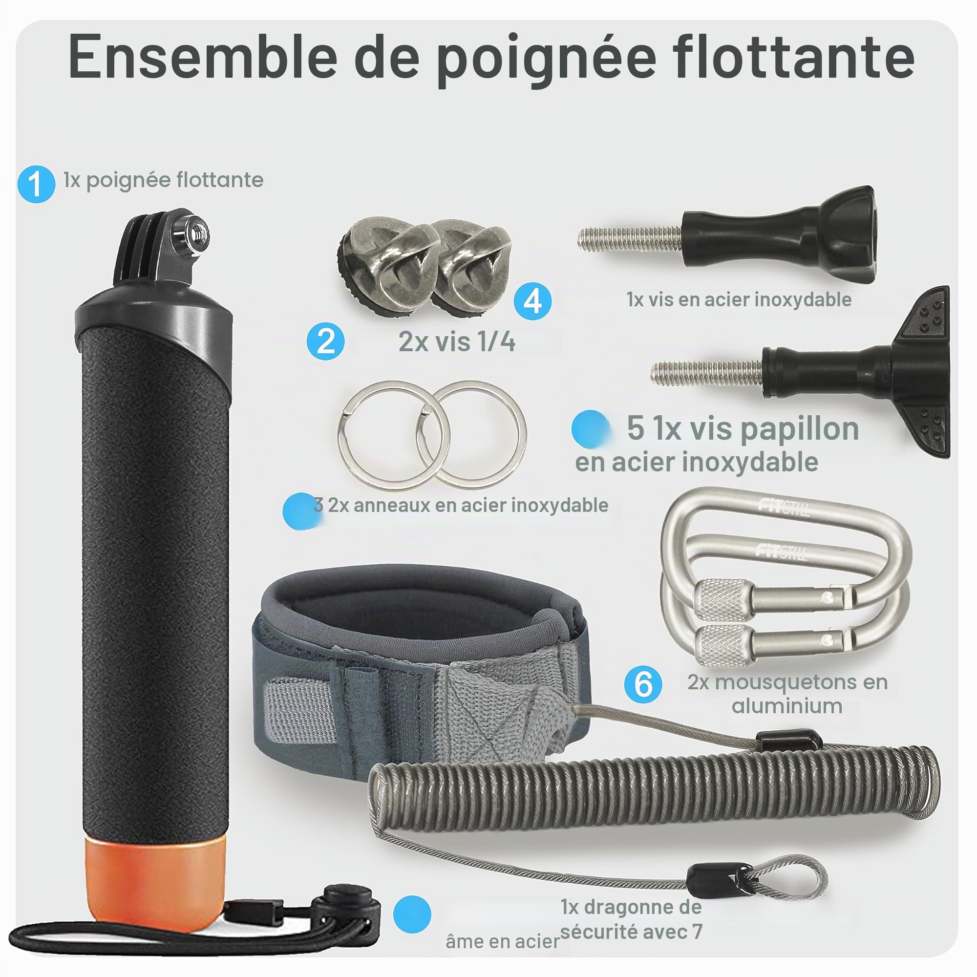 FitStill Monopode étanche avec poignée flottante + corde en acier Cored de sécurité pour caméras d'action Go Pro Hero Session DJI Osmo plongée sous-marine Selfie Stick