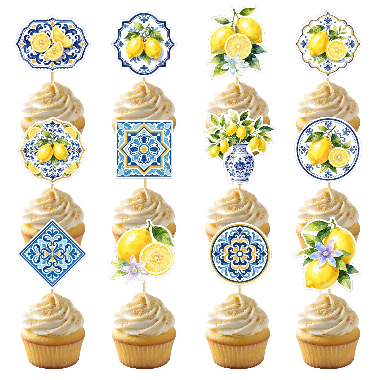 36 Pcs Blue Lemon Cupcake Baby Shower Party Decorations, Capri Amalfi Coast Lemon Cake Toppers & Picks, Citrus Bridal Wedding Birthday Gender Reveal Supplies, Blue & Yellow Tile Pattern