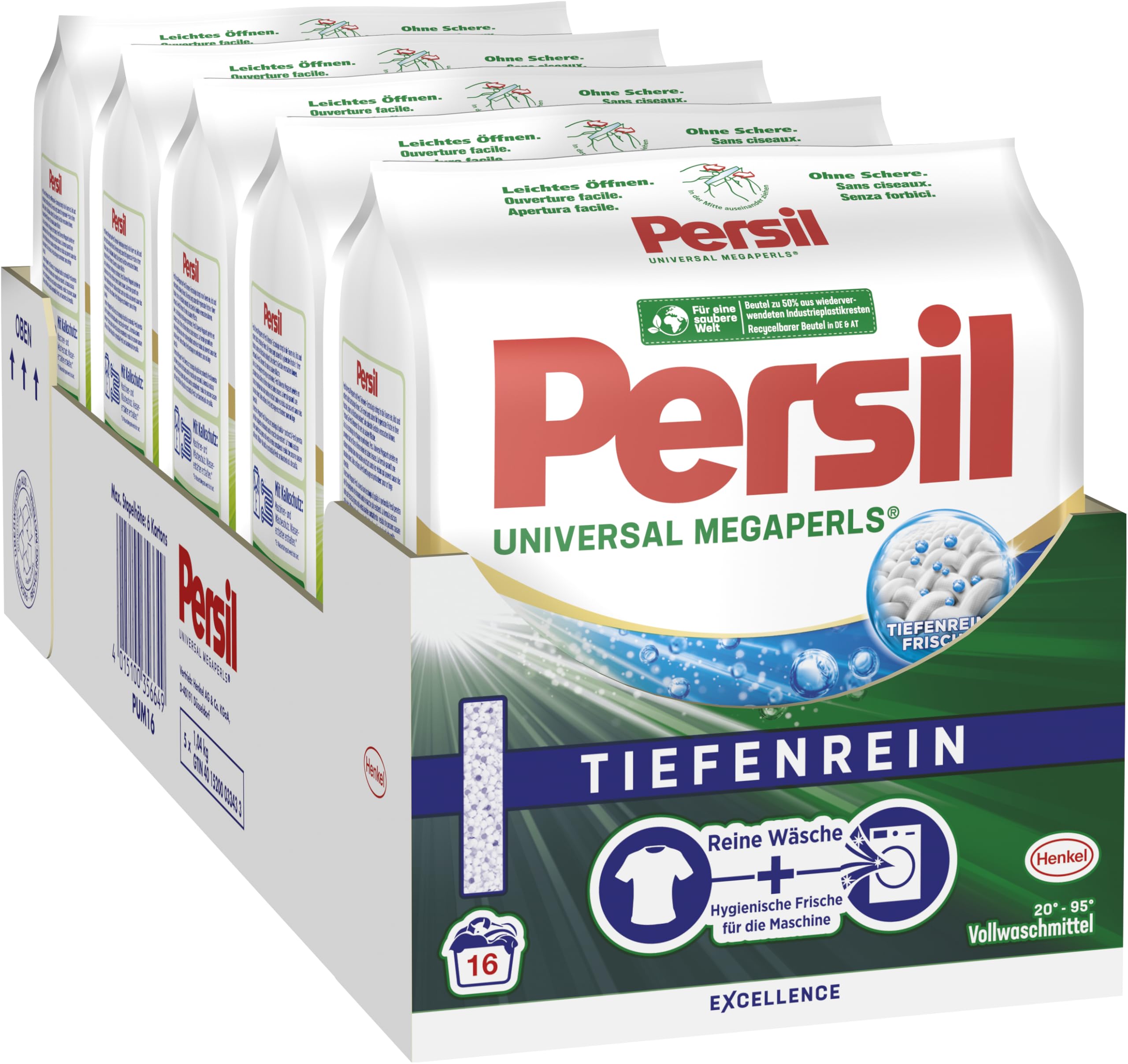 Persil Universal Megaperls (5 x 16 Waschladungen), Vollwaschmittel mit Tiefenrein Technologie, Waschmittel für reine Wäsche & hygienische Frische für die Maschine, 20 °C bis 95 °C