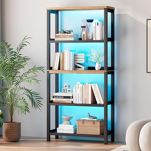 Vlsrka Estantería de 5 niveles con 3 luces LED, estantería industrial alta, estantería vintage Etagere moderna, organizador de almacenamiento,