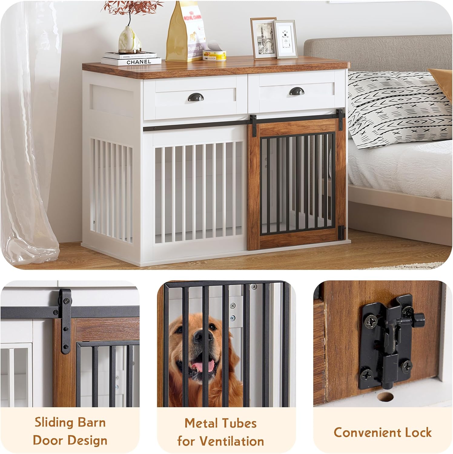 Dog Crate Furniture with 2 Drawers, Wood Indoor Dog House, Dog Cage Storage Cabinet for Living Room (White)