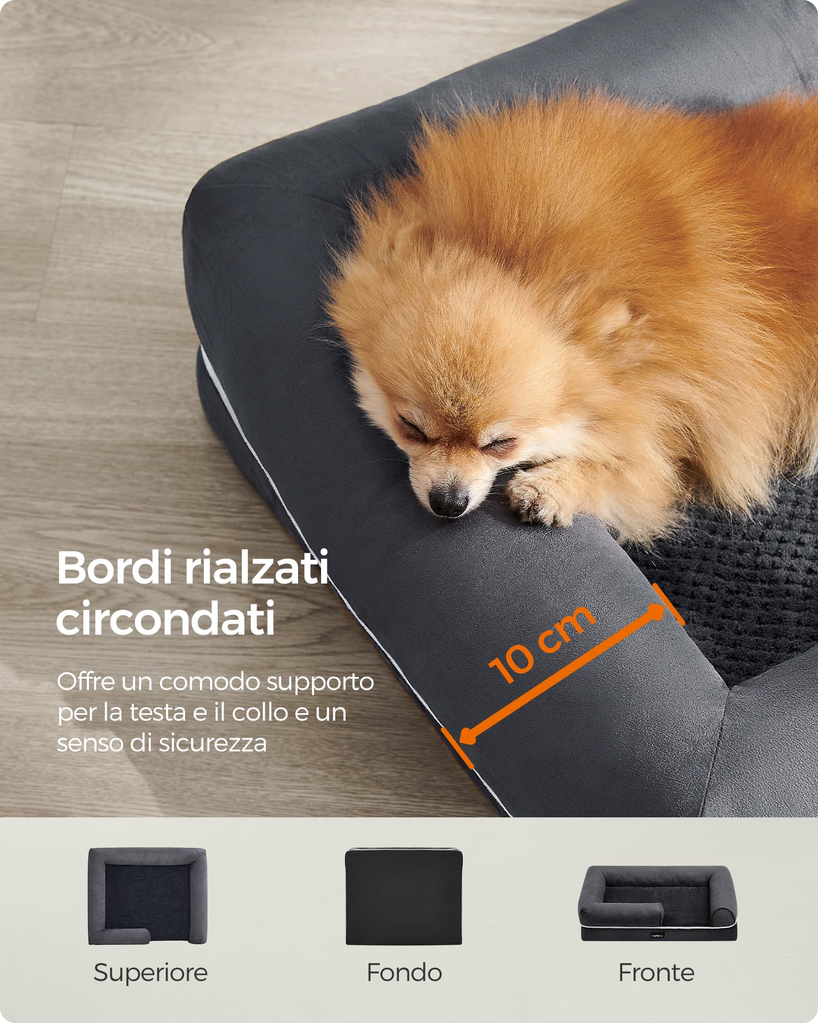 Feandrea Cuccia per Cani Ortopedica, Letto Divano per Animali, Imbottitura Morbida, Bordi Rialzati, Copertura Sfoderabile e Lavabile, 76 x 51 x 18 cm, Fondo Antiscivolo, Grigio Scuro PGW074G01