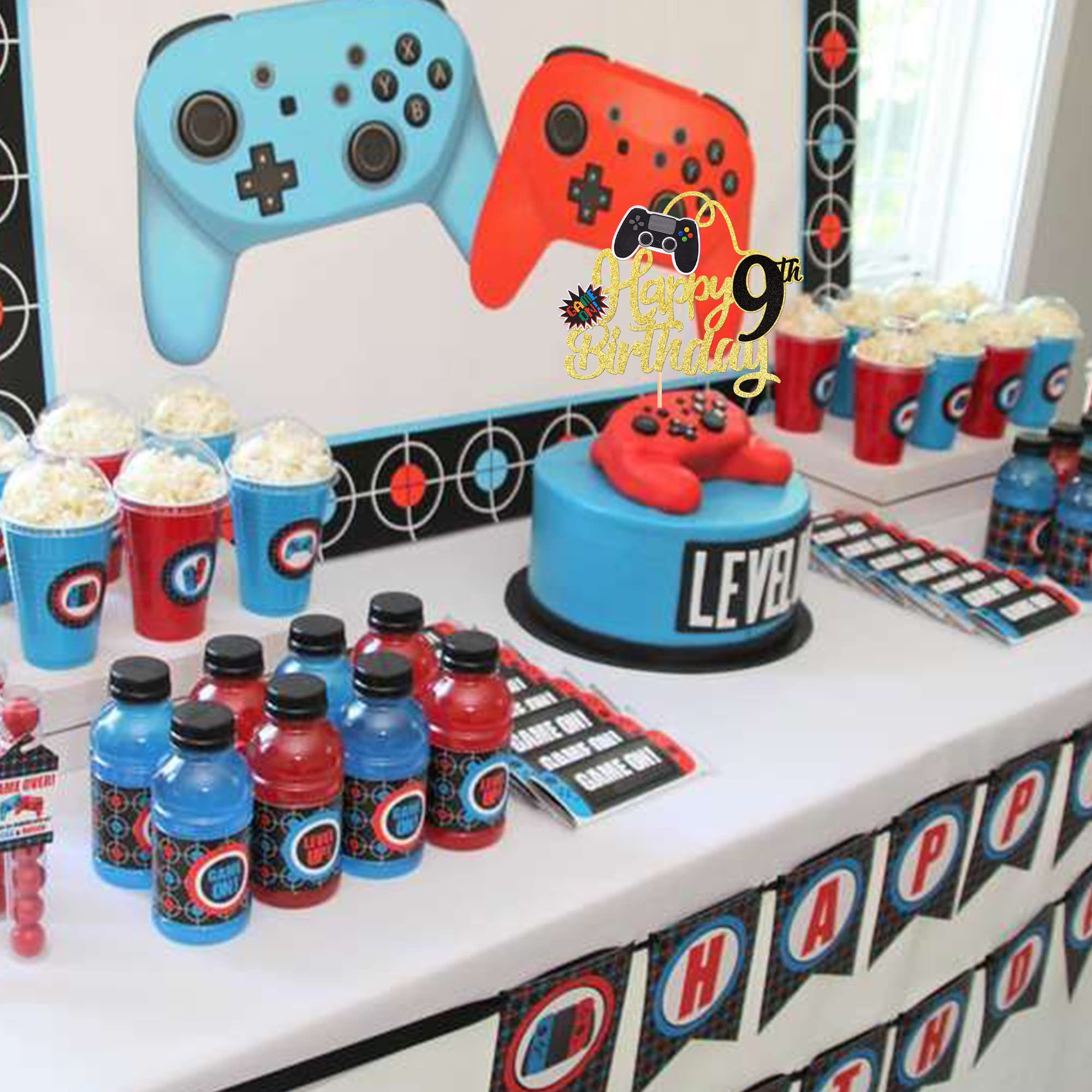 SYKYCTCY Decorazioni Torta 9 Anni – 37 Pezzi Tema Videogioco Con Controller E Scritte Glitterate Per Compleanno - 3
