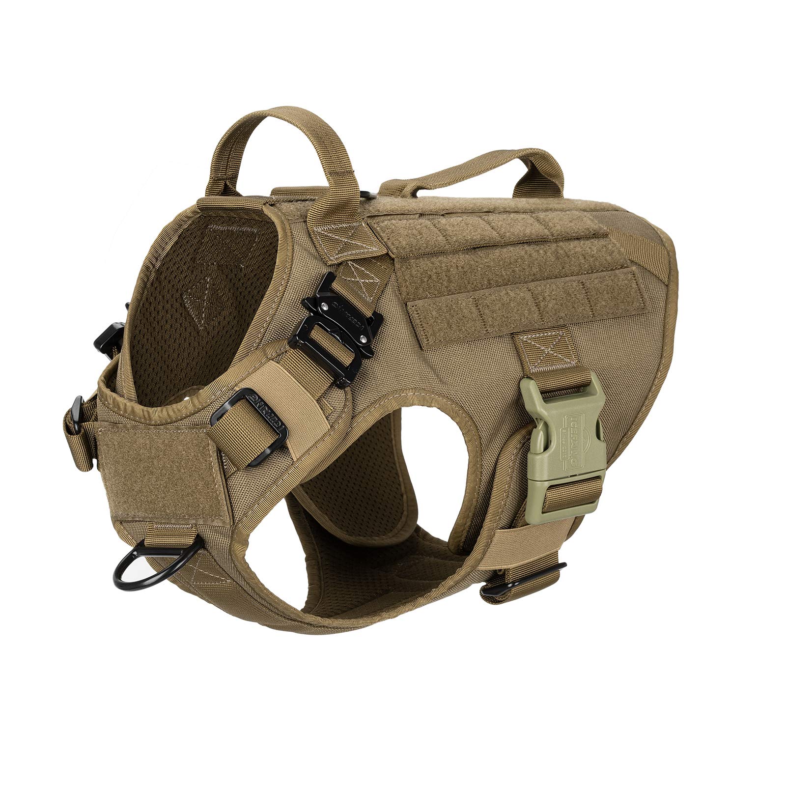 ICEFANG Taktisches Hundegeschirr mit 2 Griffen, MOLLE-Weste, kein Ziehen an der Leine vorne, Haken und Schlaufe für Hunde-Patch (M (Halsumfang: 40,6 cm - 55,9 cm), Brustumfang: 63,5 78,7 Coyote Brown)