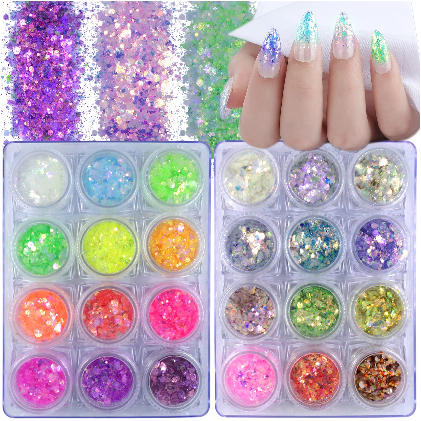 LoveOurHome24 Colors Chunky Glitter Powder Iridescent Hexagon Shaped Sequins Flakes Fine Acrylic Tips Glitter Powder Dust Manicure Accessories for Crafts/Makeup/Resin/Nails