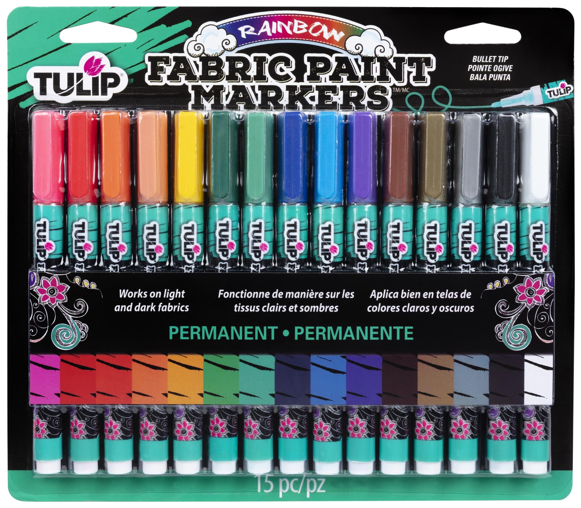 33701 Fabric Paint Markers Rainbow 15 Pack, for Permanent Color on Fabric, Wood, Rocks