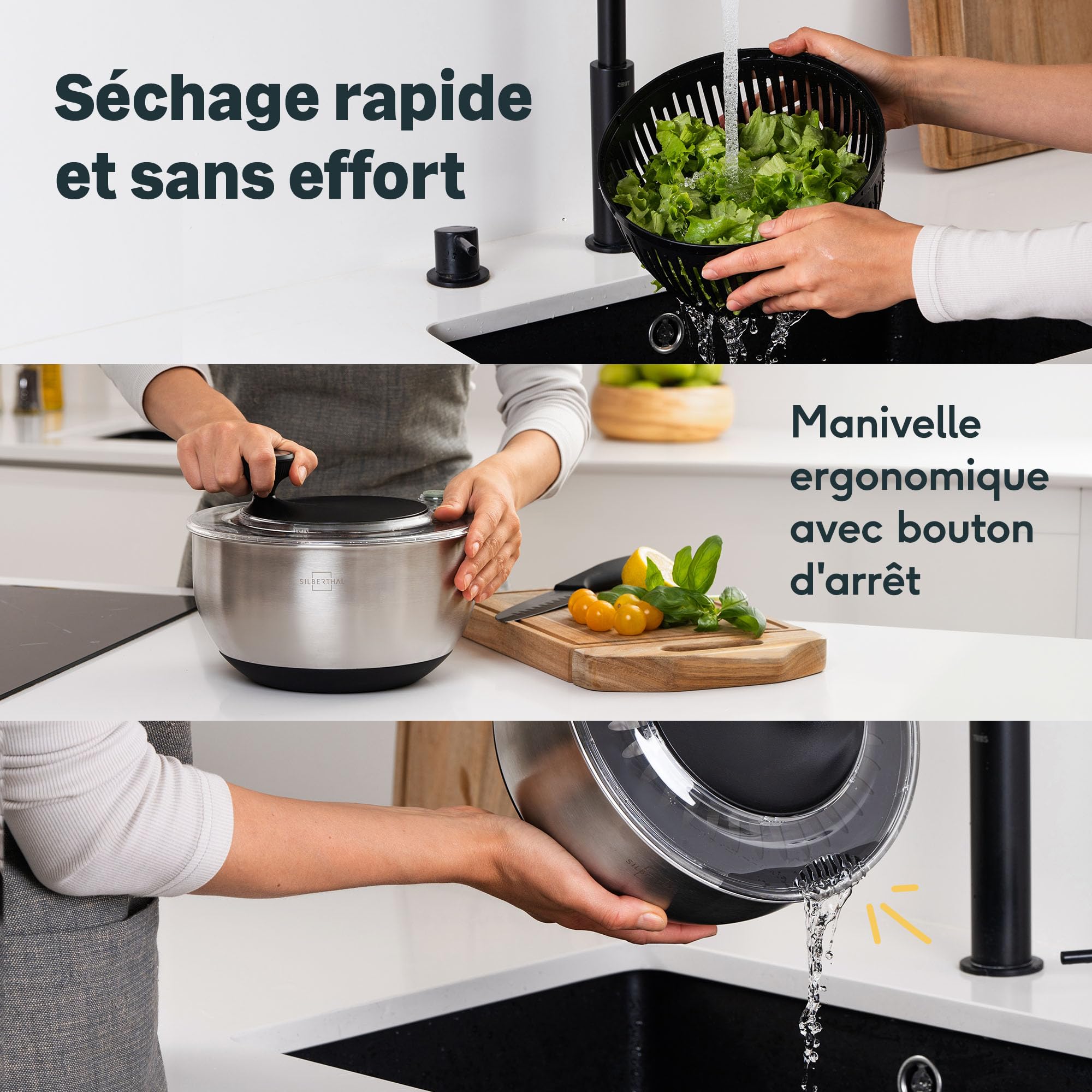 SILBERTHAL Essoreuse à Salade en Acier Inoxydable avec Couvercle de 4,5 l et Fond antidérapant – Spinner à Salade avec manivelle et Bouton d'arrêt – sans BPA et Passe au Lave-Vaisselle