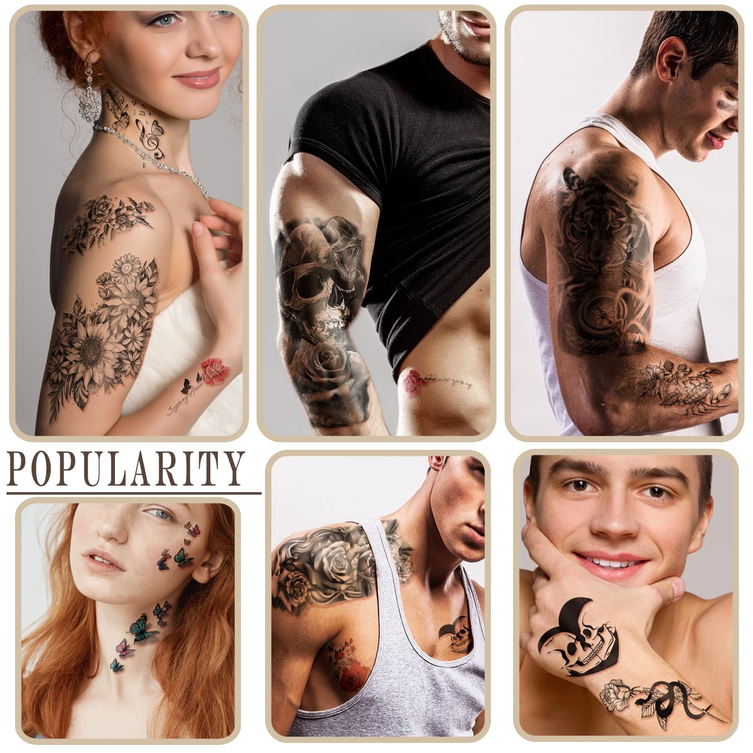 77 hojas de tatuajes temporales impermeables para niñas o niños, 17 hojas más grandes de medio brazo, lobo, tigre, león, tatuajes falsos para hombres o mujeres y 60 hojas de calcomanías de 4