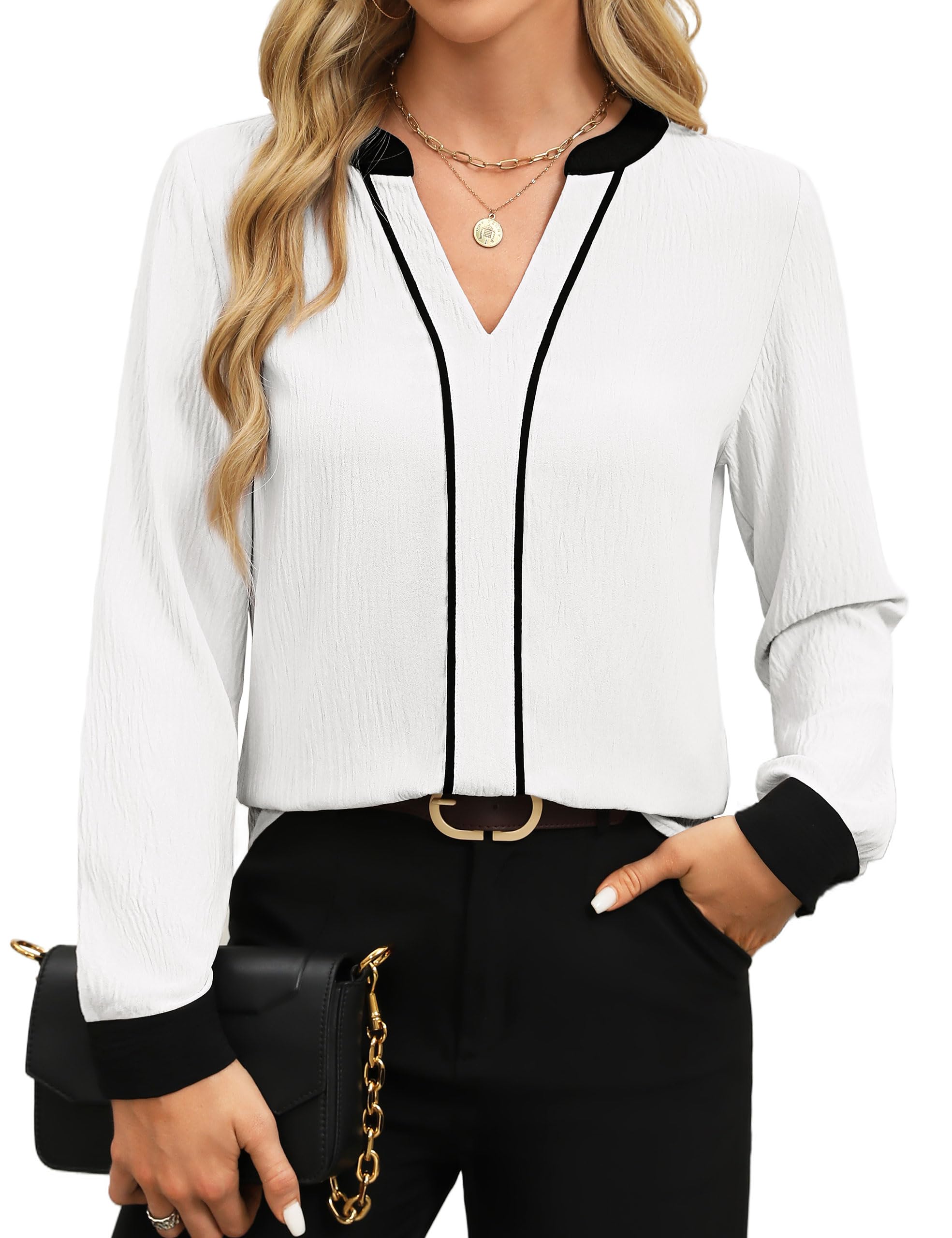 Fayenne Womens Tops Dressy Casual V Neck Color Block Business Casual Blouses Long Sleeve Work Shirts Fall Trendy Clothes