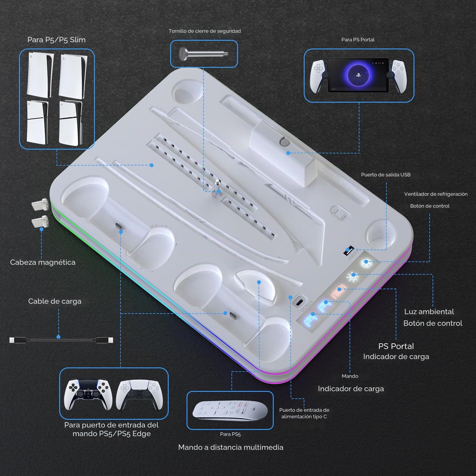 PS5/PS5 Slim/PS5 Pro Stand con Ventilador de Enfriamiento, Soporte PS5 Vertical con Luz RGB Base de Carga PS Portal y Controlador de Doble Sentido/Borde Sccesorios Delgados P5/P5 Slim/P5 Pro