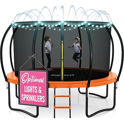 JoyBerri Trampoline Outdoor - ASTM Certified Safe, 8Ft, 10Ft, 12Ft, 14Ft, 15Ft, 16Ft Recreational Trampoline for Kids and Adults. Anti-Rust Coating with Enclosure Net, Ladder, Sprinkler & LED Lights