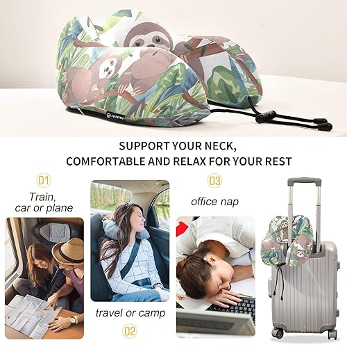 Miniatura 4 de Almohada de viaje con diseño de perezoso y bosque tropical, almohada de viaje para dormir, almohada de cuello de espuma viscoelástica ajustable con