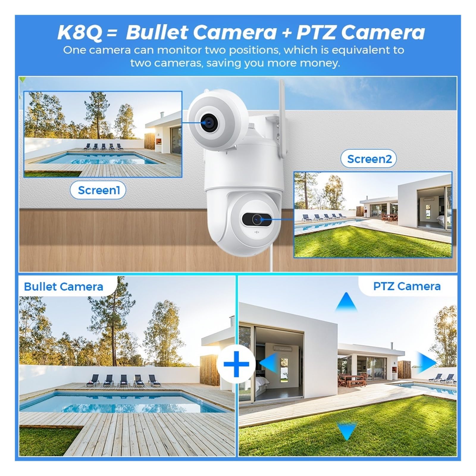 Kamera bezpieczeństwa zewnętrzna, Kamera 8MP PTZ podwójny ekran AI automatyczne śledzenie noktowizor kamera monitorująca CCTV zewnętrzna kamera IP bezpieczeństwa 4MP Kamera bezpieczeństwa domowego WiF