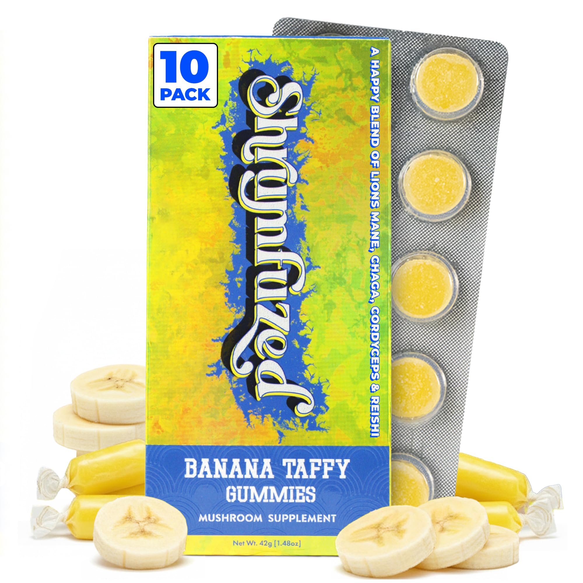 Mushroom Gummies | Nootropic Mushroom Supplement with Lion's Mane, Reishi, Cordyceps & Chaga | 10 Count, Banana Taffy