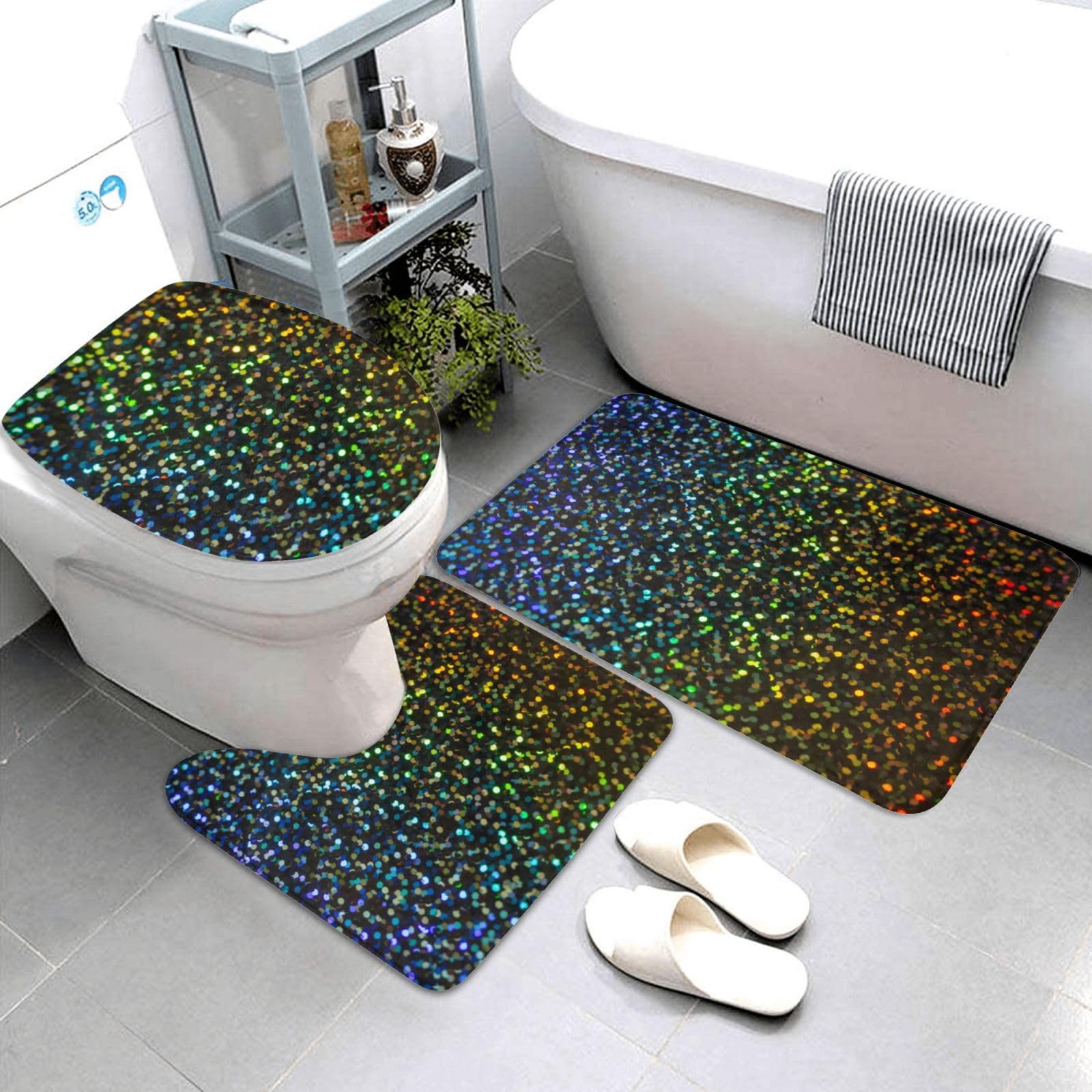 OUSIKA Set di 3 tappetini da bagno con sfondo arcobaleno glitterato stampato, tappetino per contorno, tappetino assorbente, copriwater per il bagno