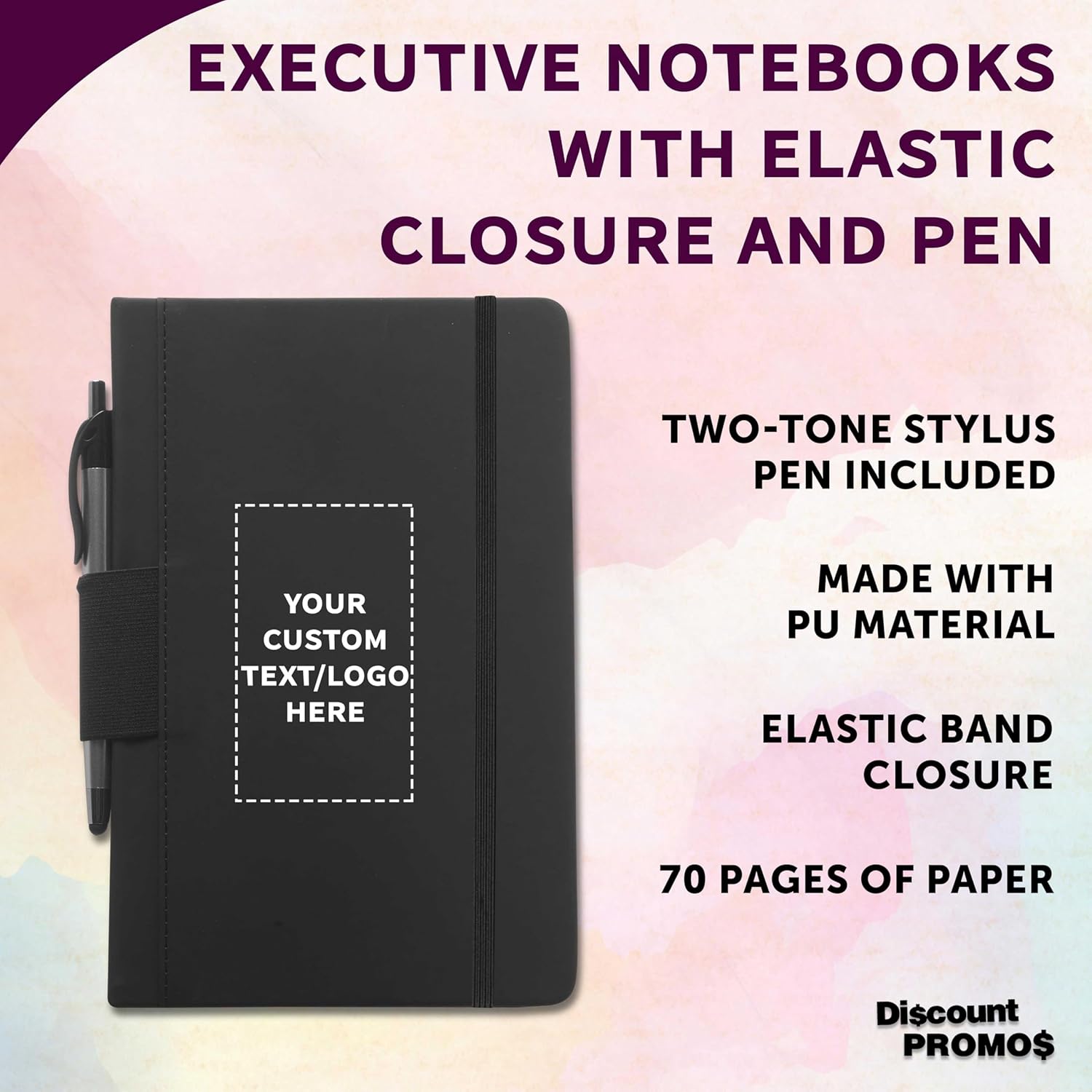DISCOUNT PROMOS Custom Executive Notebooks with Pen Pack of 10/50/100 Personalized Text, Logo - 6 x 8.5 inches, Recycled, Pen Loop, Closure Strap - Black