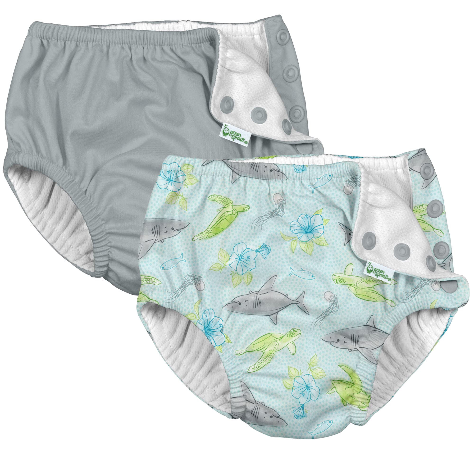 i Play (2 Pack) Boys Reusable Absorbent Baby Swim Diapers - Swimming Suit Bottom | No Other Diaper Necessary Light Aqua Shark Sealife and Grey 6 Months