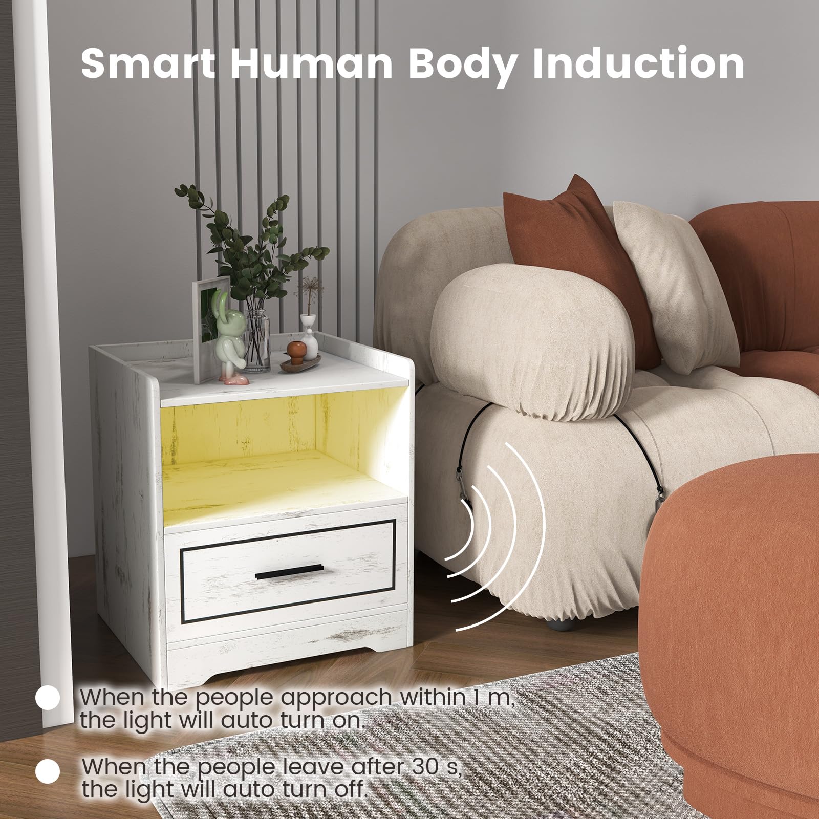 KOMFOTTEU Regulowany stolik nocny LED, ładowanie USB/Type-C, drewniana szuflada, Smart Tabel 45 x 40 x 50 cm (1, biały)