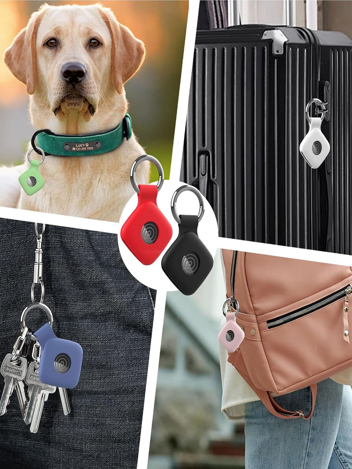 Collage of images showing the Air Tracker case attached to a dog collar, keys, a backpack, and luggage.