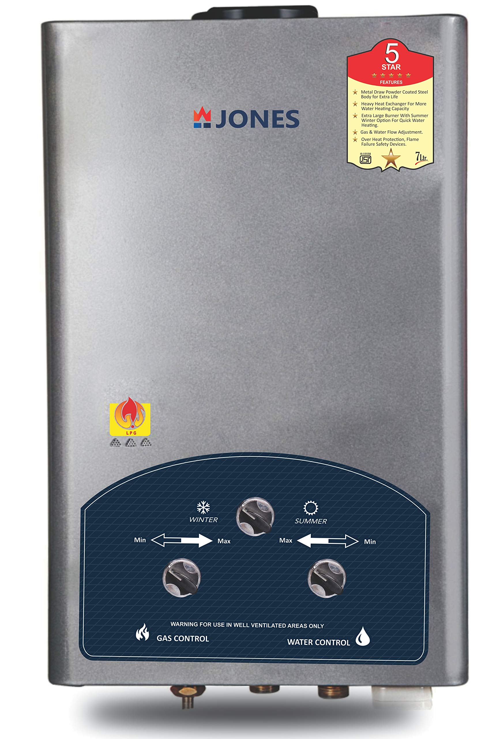 Buy Jones Euro 7 ltr Automatic 5 Star Rated Gas Instant Water Geyser with 2  Year Warranty (Silver, 7 Ltr, Pack of 1) Online at Low Prices in India -  Amazon.in
