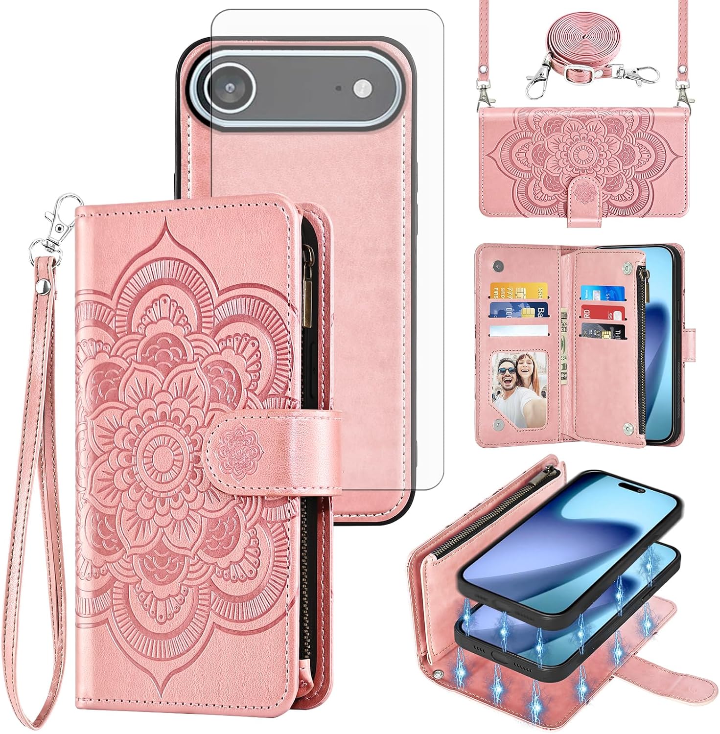 Asuwish Phone Case for iPhone 17 Air 6.5 inch Zipper Wallet Detachable Cell Cover with Tempered Glass Screen Protector Crossbody Strap Flower Flip Card Holder i Phone17 i17 17Air Women Girls Rose Gold