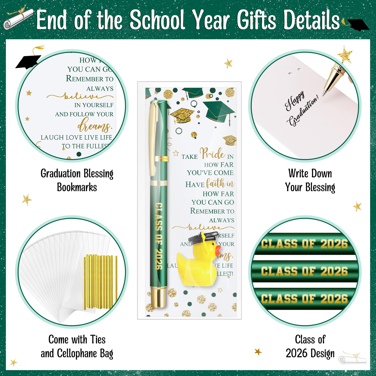 Sayglossy 30 juegos de regalos de graduación a granel clase de 2025 bolígrafos de tinta de gel, minicarjetas de resina amarilla, decoración de fiesta de graduación, recuerdos para estudiantes (verde)