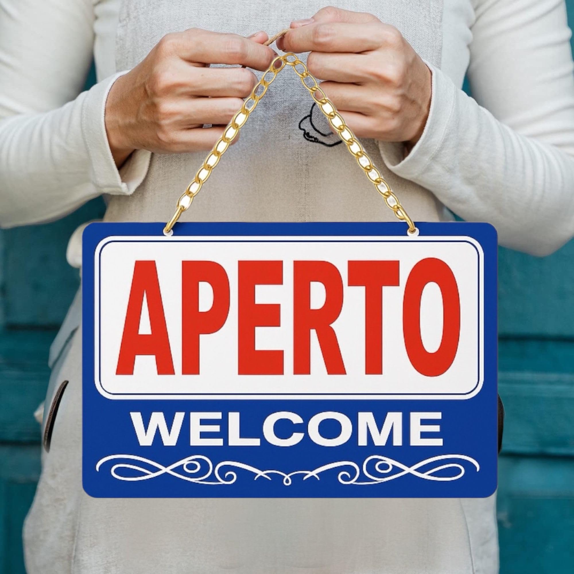 Topolenashop Cartello Aperto Chiuso Reversibile 29x19 cm – Insegna Bilingue Open Close per Negozi, Bar e Ristoranti – Cartello da Appendere con Catena Dorata per Porta e Vetrina ART.689388