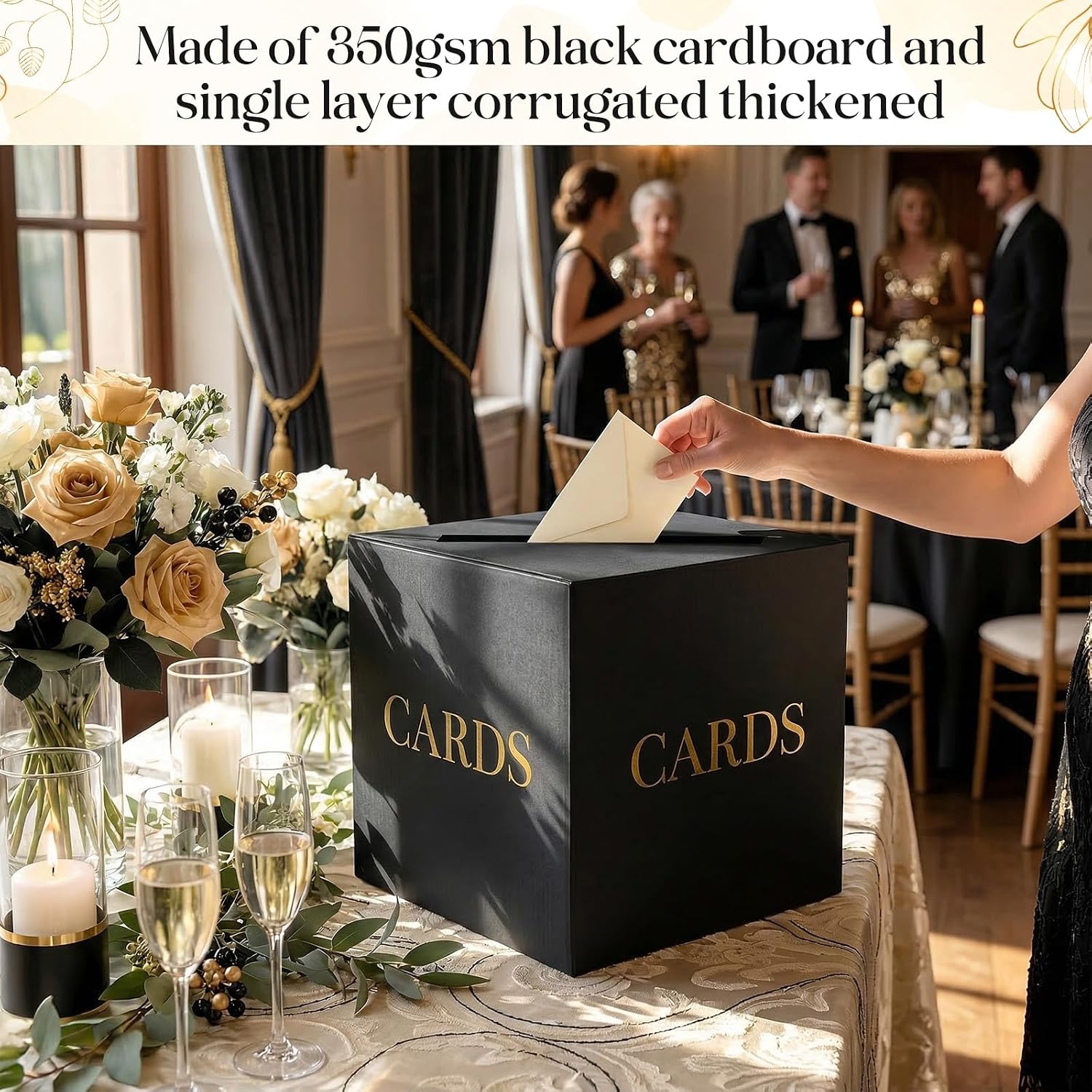 Large Black & Gold Wedding Card Box for Party Reception, Thick Cardboard Money Envelope Cards Holder Gift Box with Slot for Bridal Shower, Graduation, Funeral Memorial, Birthday Party Decorations