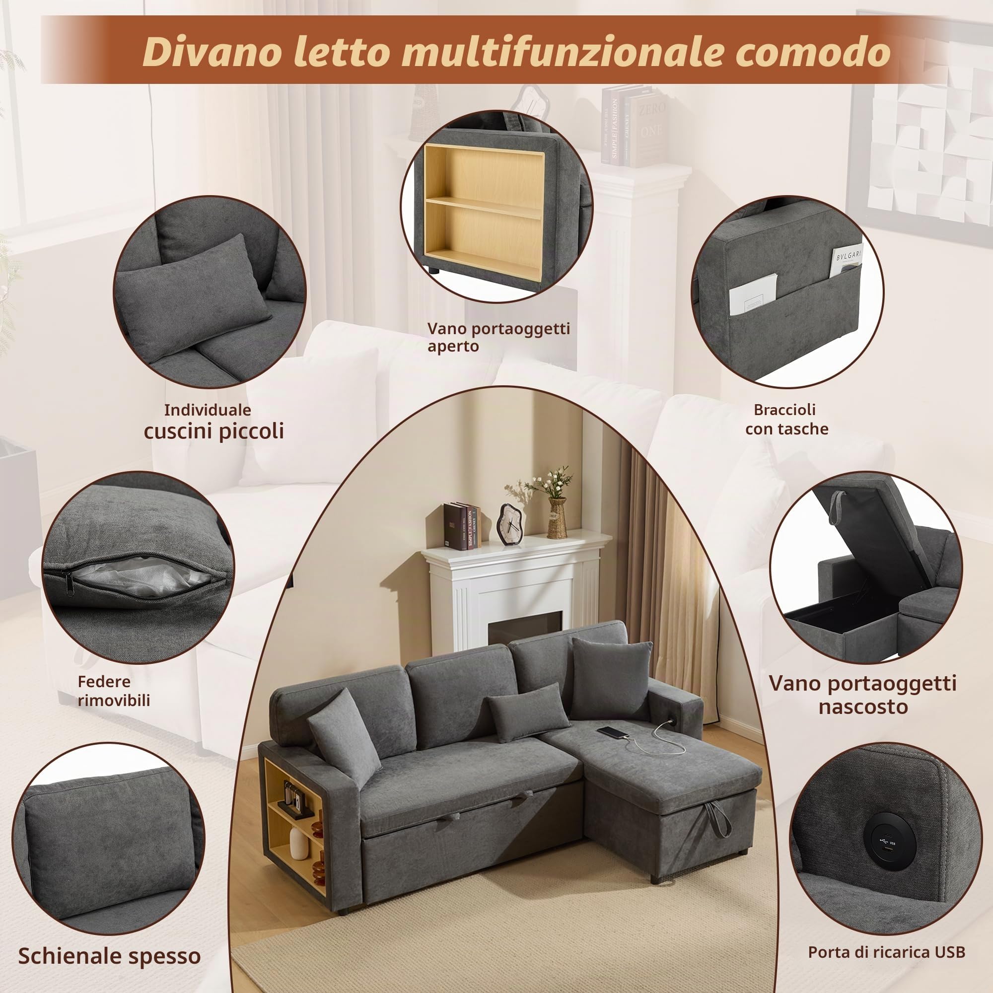 Divano ad angolo, divano ad angolo, a forma di L, allungabile, ottomano flessibile, intercambiabile, divano a 3 posti, per soggiorno (grigio scuro, 3 posti)