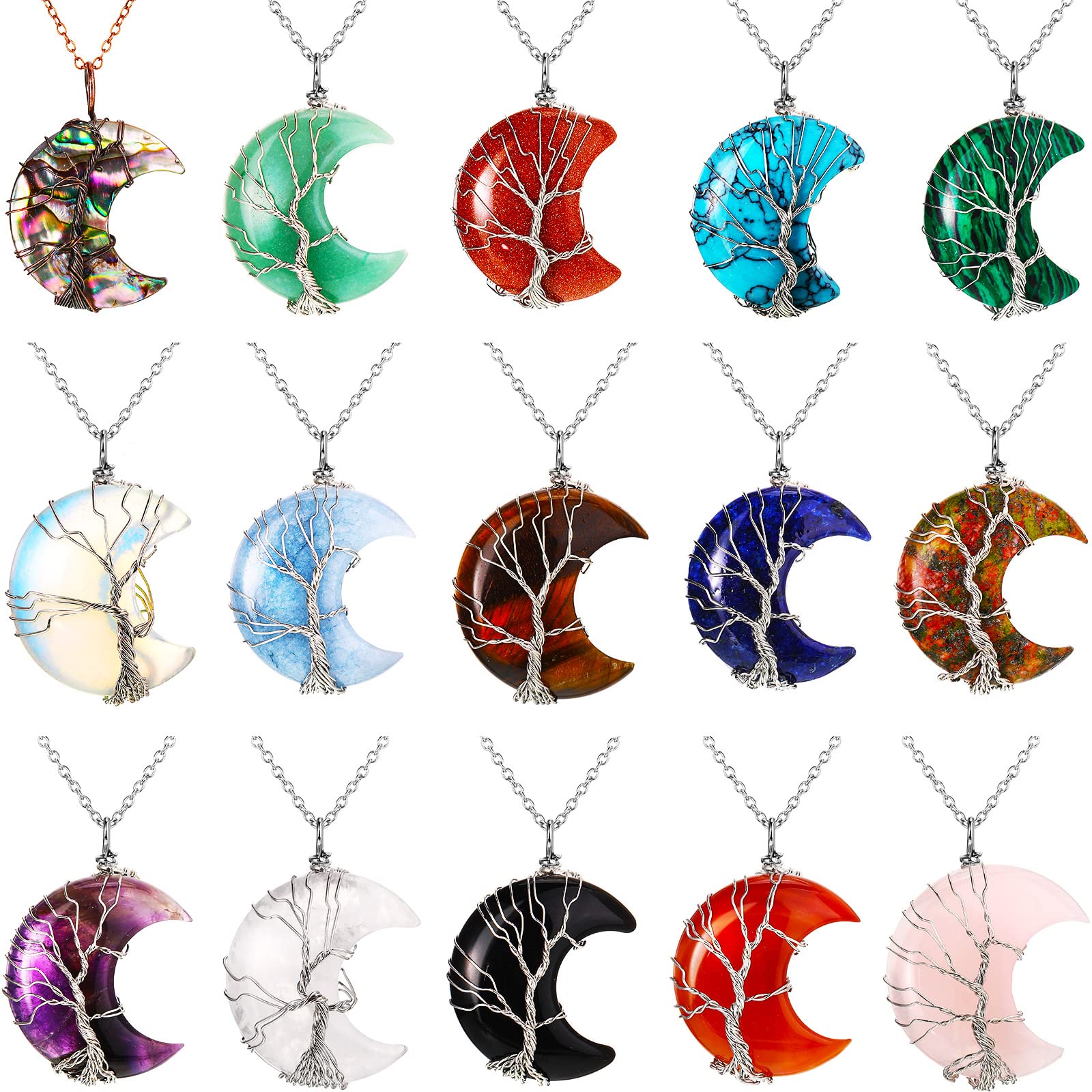 Sherr 15 Pcs Life Tree Crescent Moon Necklace Wire Wrap Natural Gemstones Pendant Healing Crystal Necklaces Reiki Spiritual Multicolored Jewelry Christmas Gift for Women, Multicolor