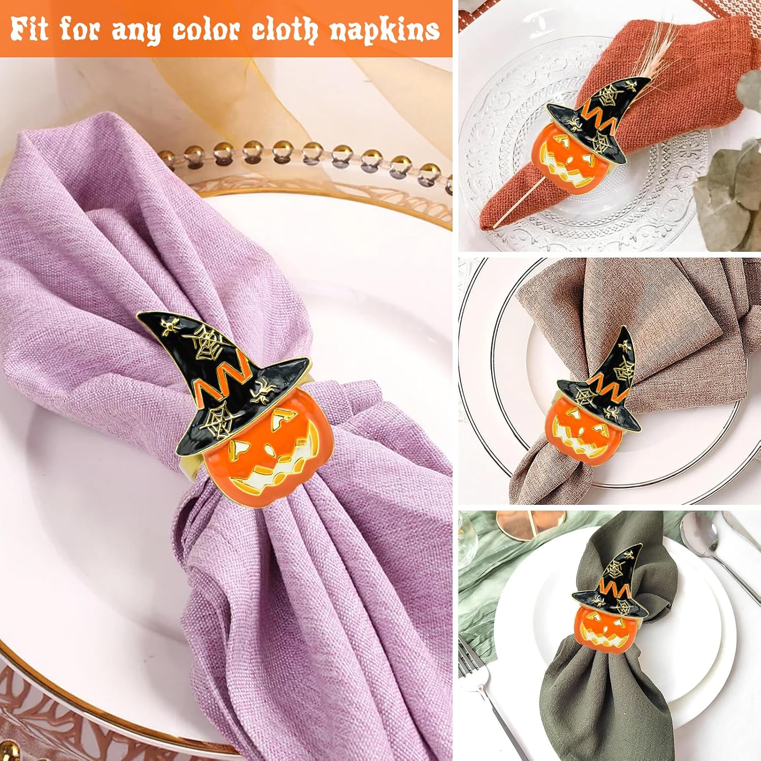 Legigo Set of 6 Halloween Napkin Rings for Dinning Table Settings- Horror Scary Orange Pumpkin Black Witch Hat Napkin Holder Ring for Holiday Party Kitchen Dinner Table Decarations