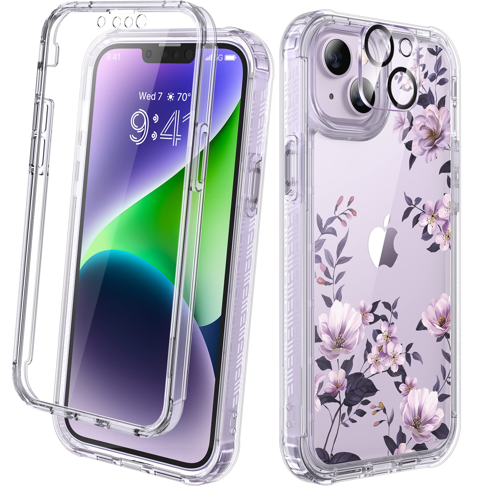 Diaclara Designed for iPhone 14 Case, Full Body Rugged Case with Built-in Touch Sensitive Anti-Scratch Screen Protector, with 2 Pack Camera Lens Protector for iPhone 14 6.1" (Camellia)