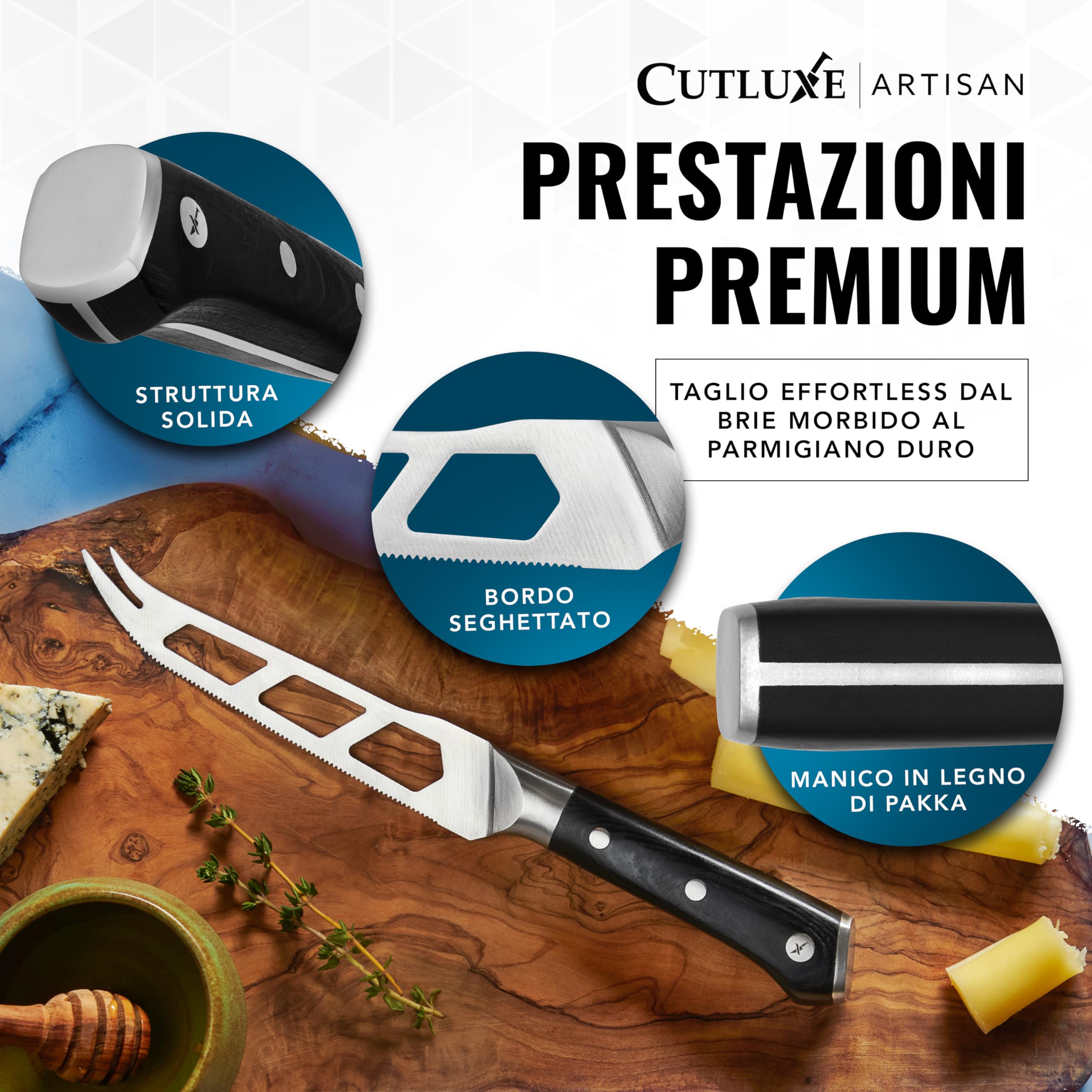 Cutluxe Coltello Formaggio 13 cm – Lama Forcata, Seghettata e Antiaderente – Acciaio Tedesco ad Alto Tenore di Carbonio – Maniglia Ergonomica – Serie Artigianale