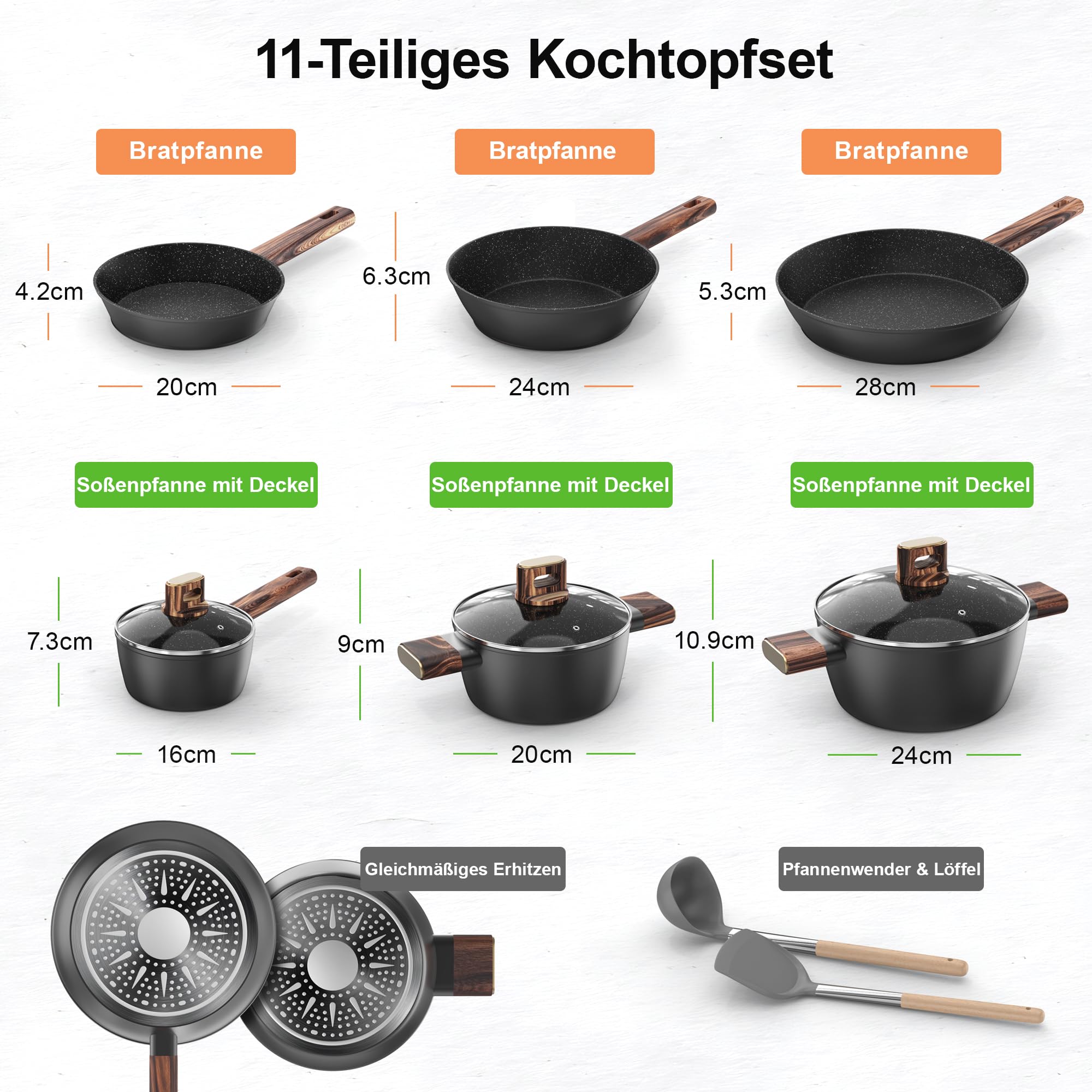 Topfset Pfannenset 11-teiliges - Kochtopf Set Induktion Antihaft-Kochgeschirr Töpfe Set aus Aluminium, Pfanne 20/28cm, Tiefe Bratpfanne 24cm, Kochtöpfe mit Deckel 16/20/24cm, PFOA-, PFOS-frei Topbooc
