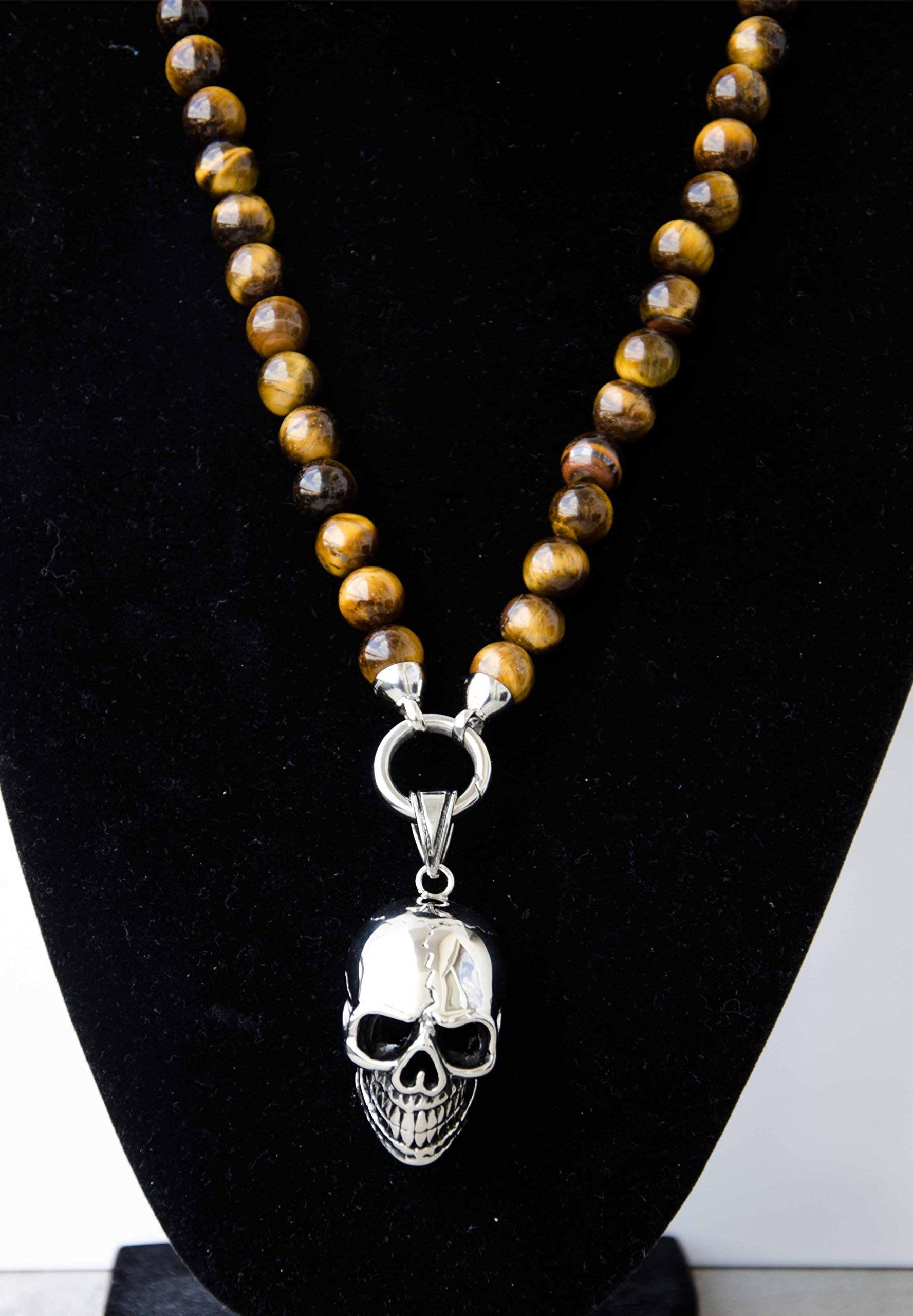 Halbedelstein Totenkopf Skull Halskette Rosenkranz Onyx, Herren Schmuck Männer schwarz Perlenkette Bikerschmuck Skull Edelstahl Gebetskette Geschenk Gothik Matt Lava Religion Handgemacht Handmade