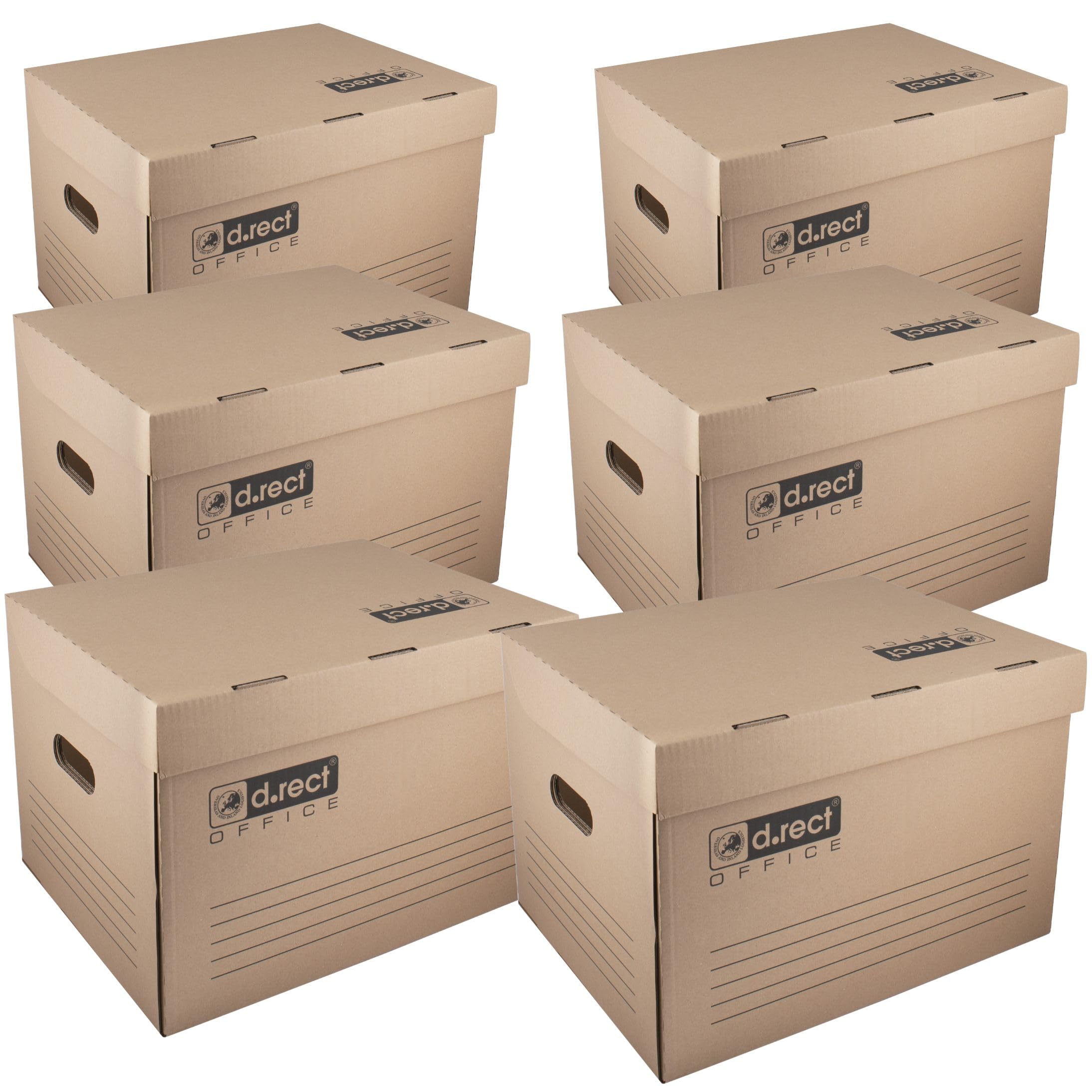 D.RECT Archive Storage Boxes Set of 6 – Cardboard Boxes with Attached Lid & Handles – 420gsm Triple Wall – Fits Binders, Files & Documents – 43x33x29cm