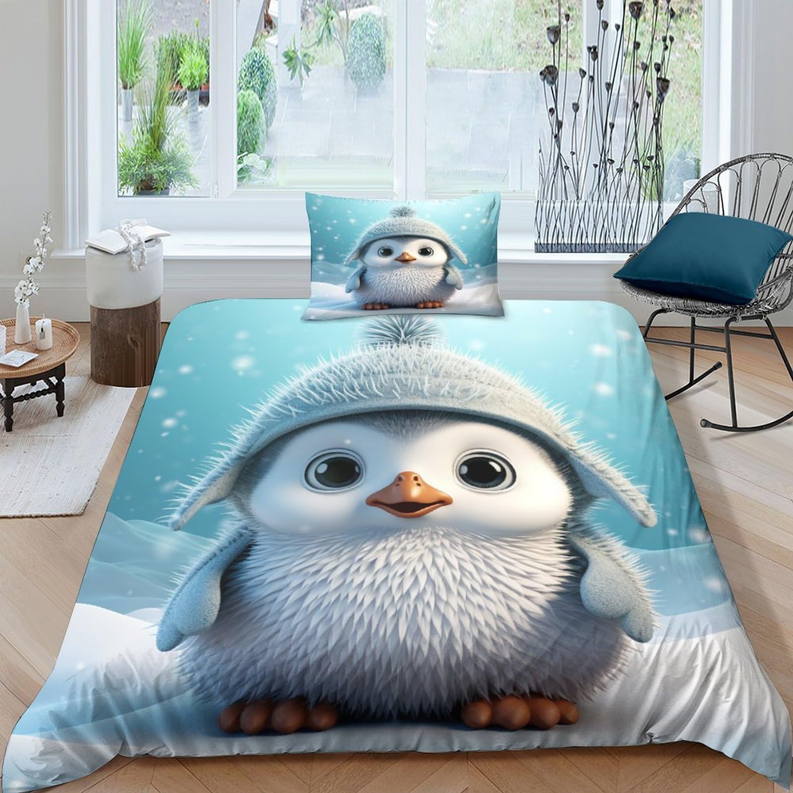 Housse de couette pingouin 135x200 cm avec 2 taies d'oreiller en microfibre douce