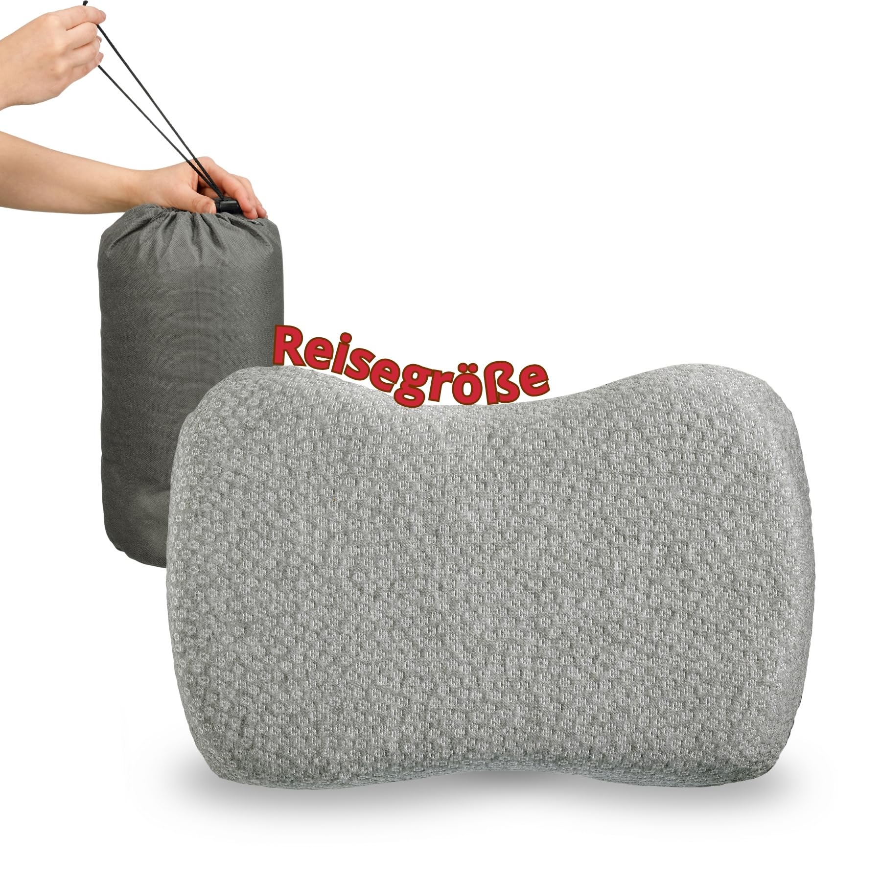 liebling Reisekissen, Campingkissen mit Tasche, Nackenkissen, Kissen für Reisen, Flugzeug, Camping, Auto, Pillow mit Travel Bag, Memory Foam Kopfkissen, Made in EU, Waschbar, Grau